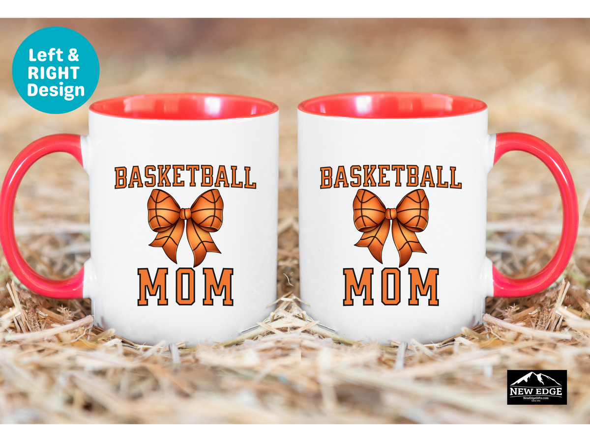 Basketball MOM Letters with Basketball Coquette Bow Coffee Mug – 11oz & 15oz Accent Mug – Cute Sports Mom Gift – Orange with Black Stitch Bow Mug
