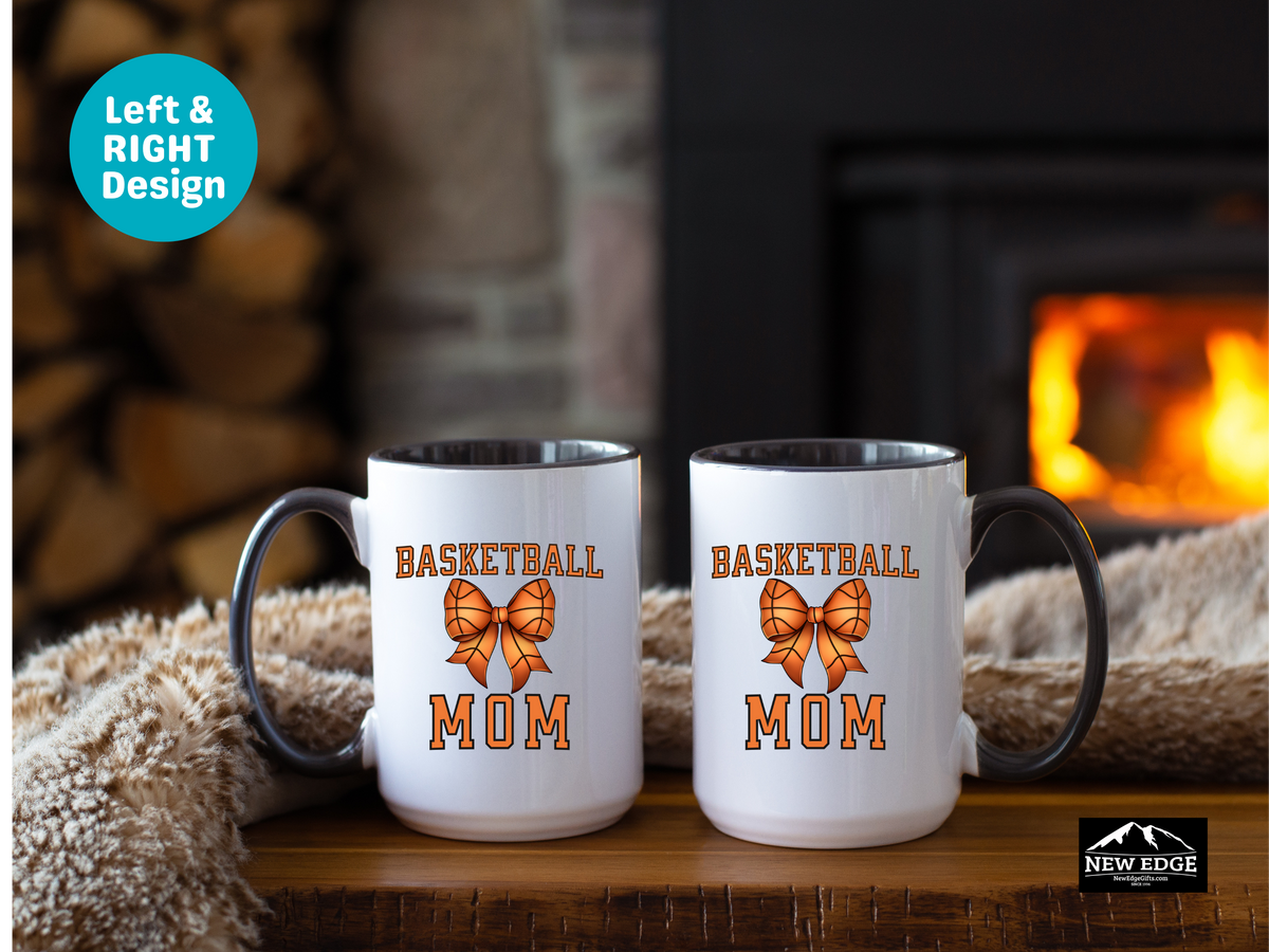 Basketball MOM Letters with Basketball Coquette Bow Coffee Mug – 11oz & 15oz Accent Mug – Cute Sports Mom Gift – Orange with Black Stitch Bow Mug