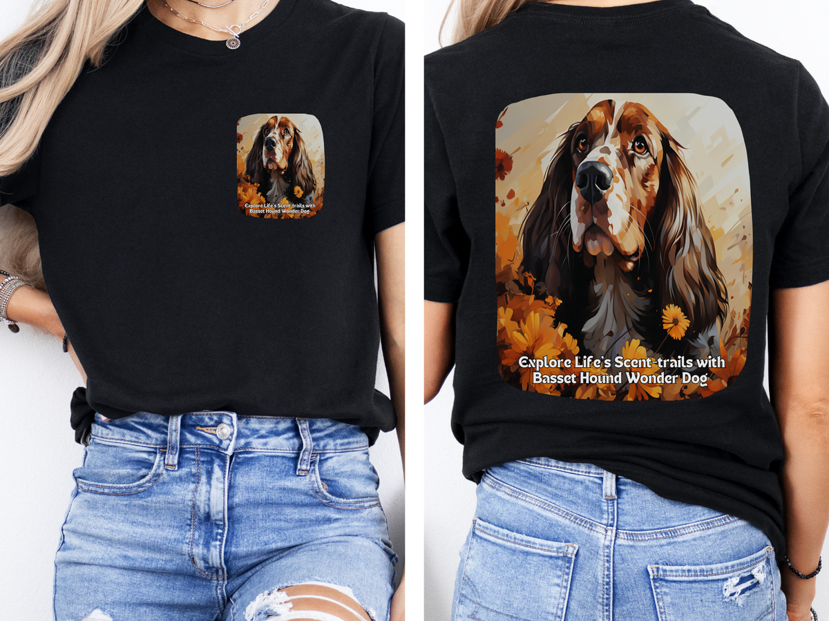 Basset Hound Sunflower T-Shirt – 'Explore Life's Scent-trails with Basset Hound Wonder' – Front & Back Design – Nose-Driven Adventure Tee
