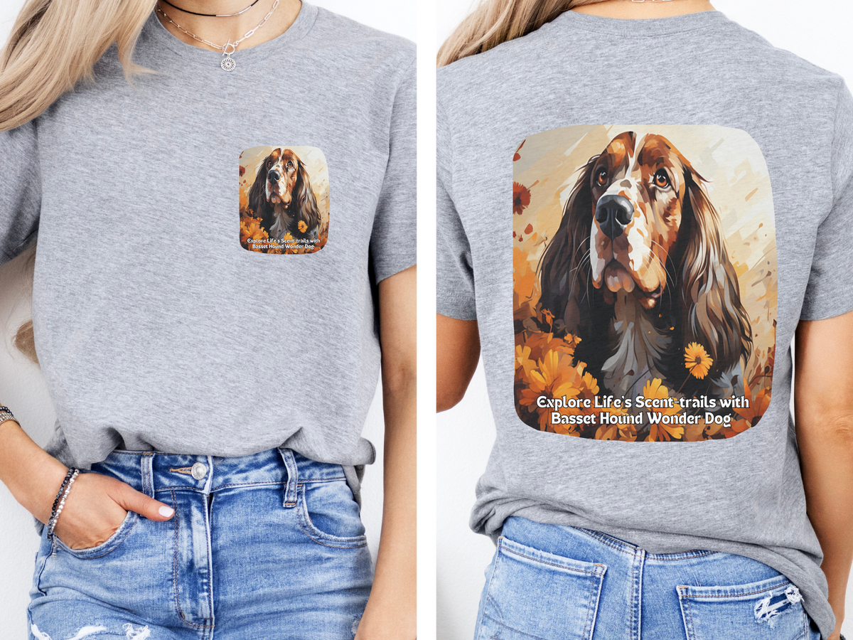 Basset Hound Sunflower T-Shirt – 'Explore Life's Scent-trails with Basset Hound Wonder' – Front & Back Design – Nose-Driven Adventure Tee