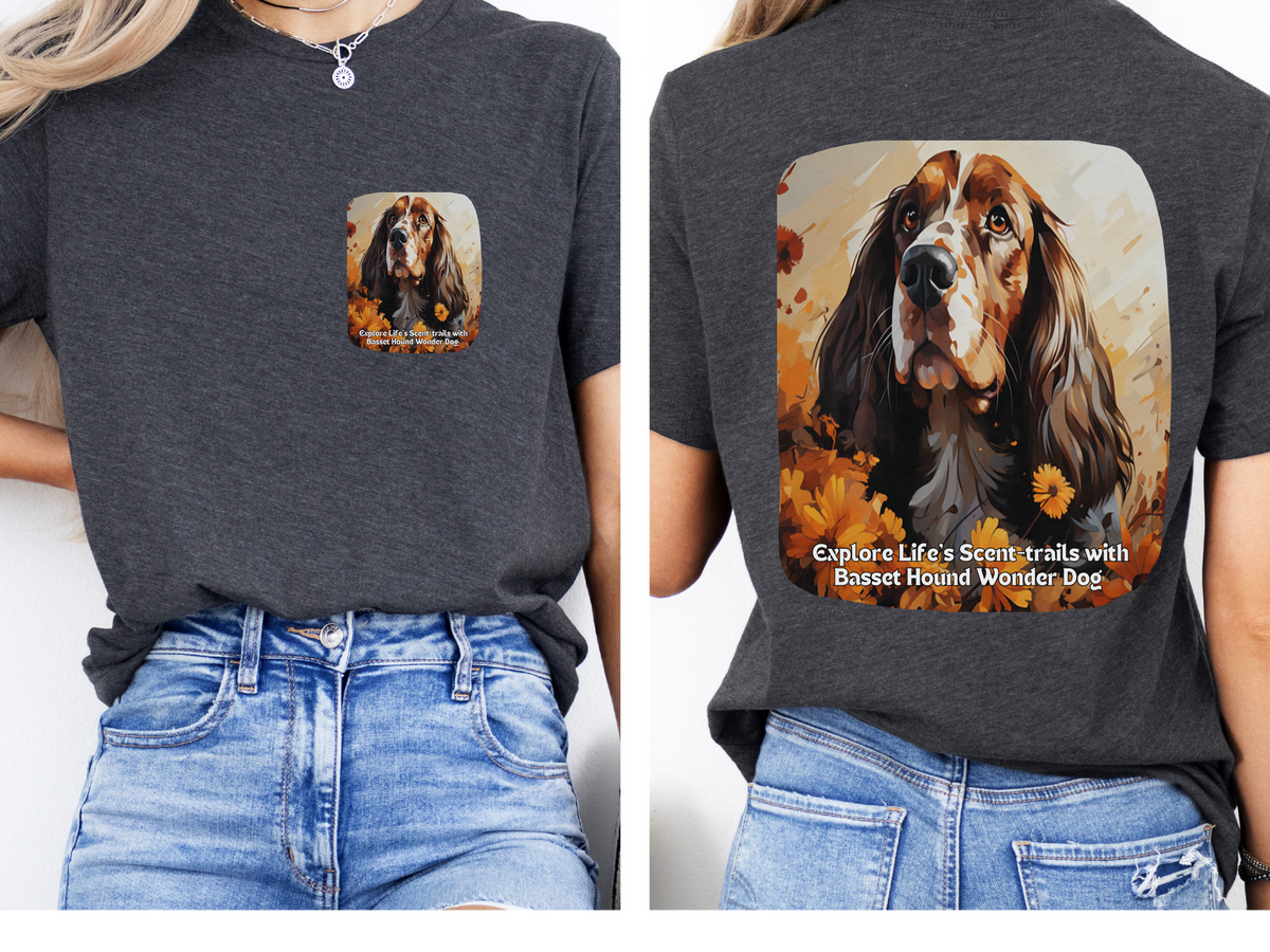 Basset Hound Sunflower T-Shirt – 'Explore Life's Scent-trails with Basset Hound Wonder' – Front & Back Design – Nose-Driven Adventure Tee