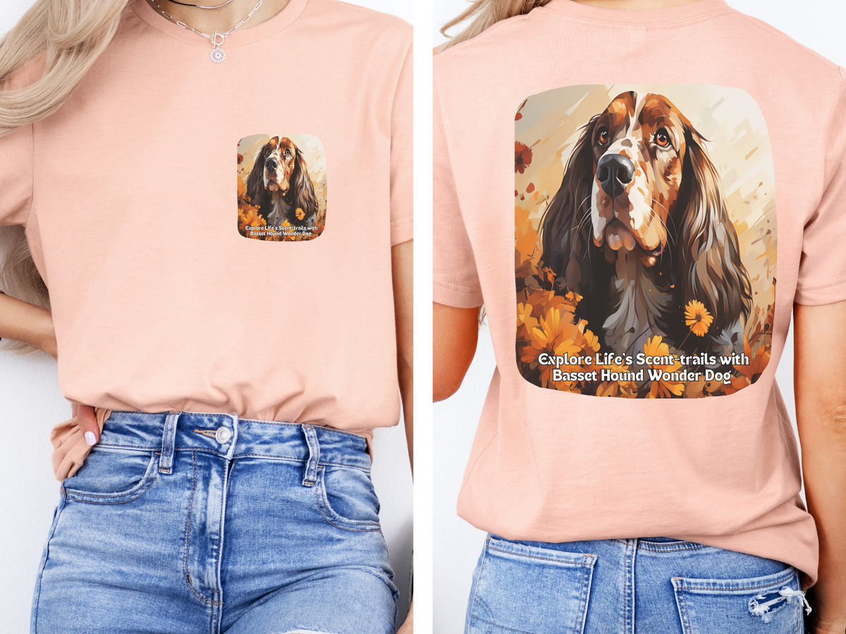Basset Hound Sunflower T-Shirt – 'Explore Life's Scent-trails with Basset Hound Wonder' – Front & Back Design – Nose-Driven Adventure Tee