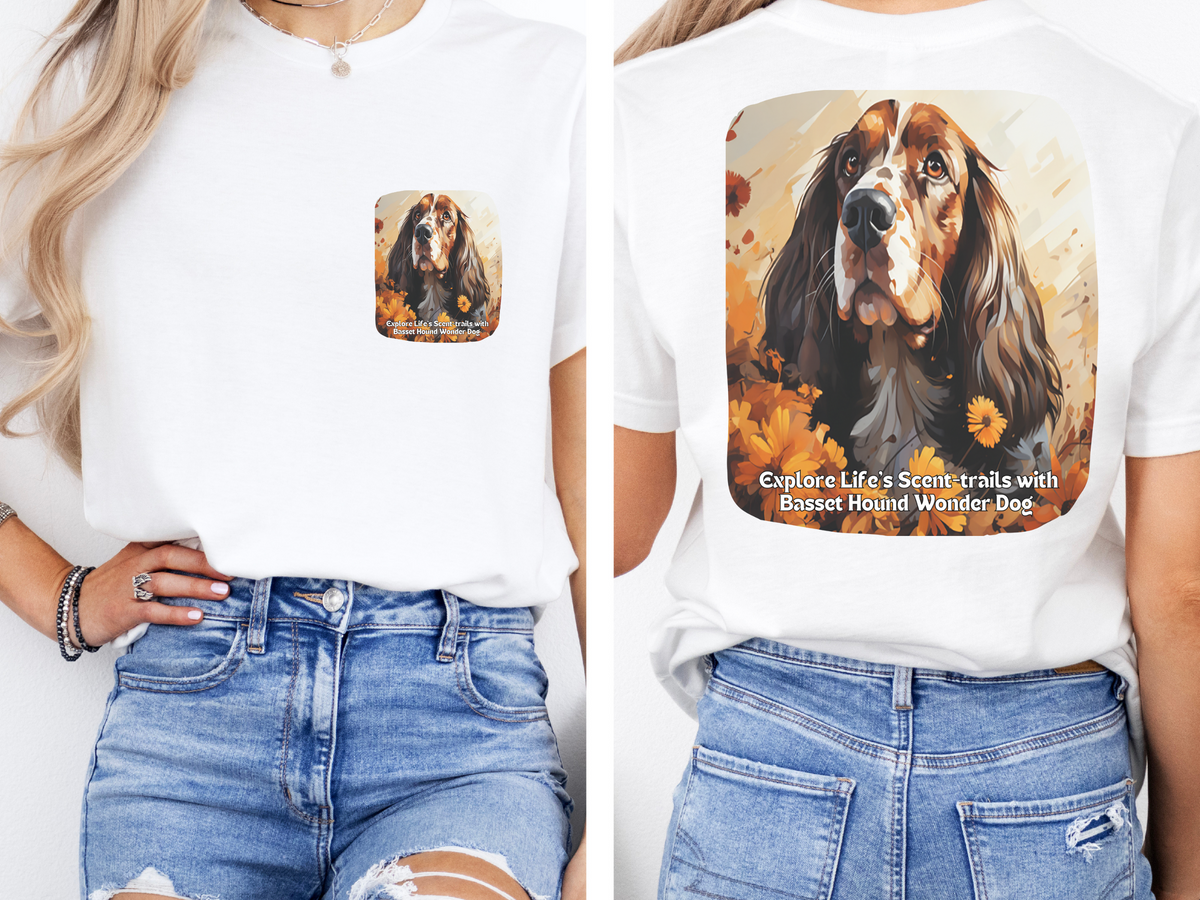 Basset Hound Sunflower T-Shirt – 'Explore Life's Scent-trails with Basset Hound Wonder' – Front & Back Design – Nose-Driven Adventure Tee