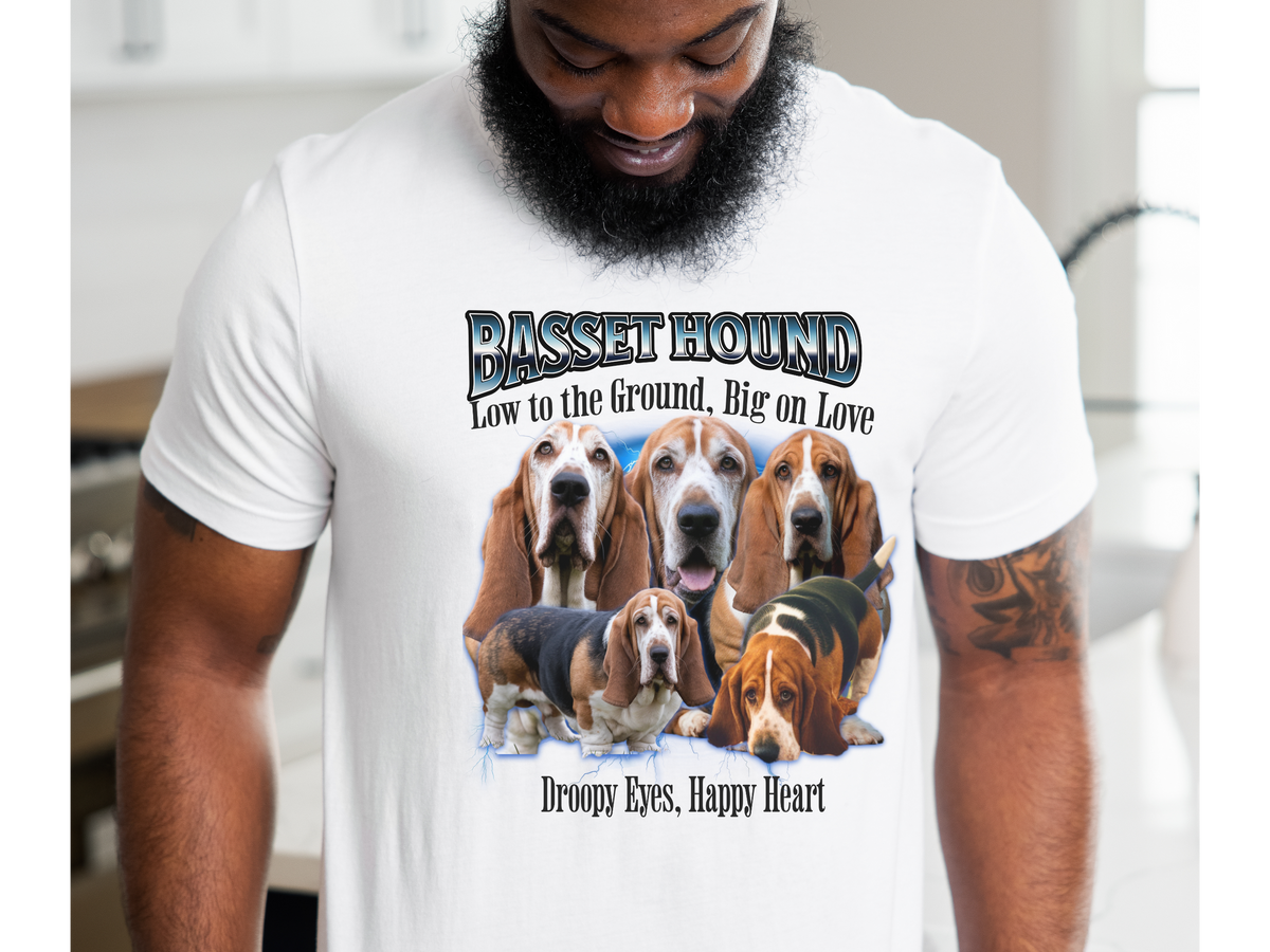Basset Hound Dog T Shirt Unisex Bootleg Collage Graphic Tee Low to the Ground Big on Love