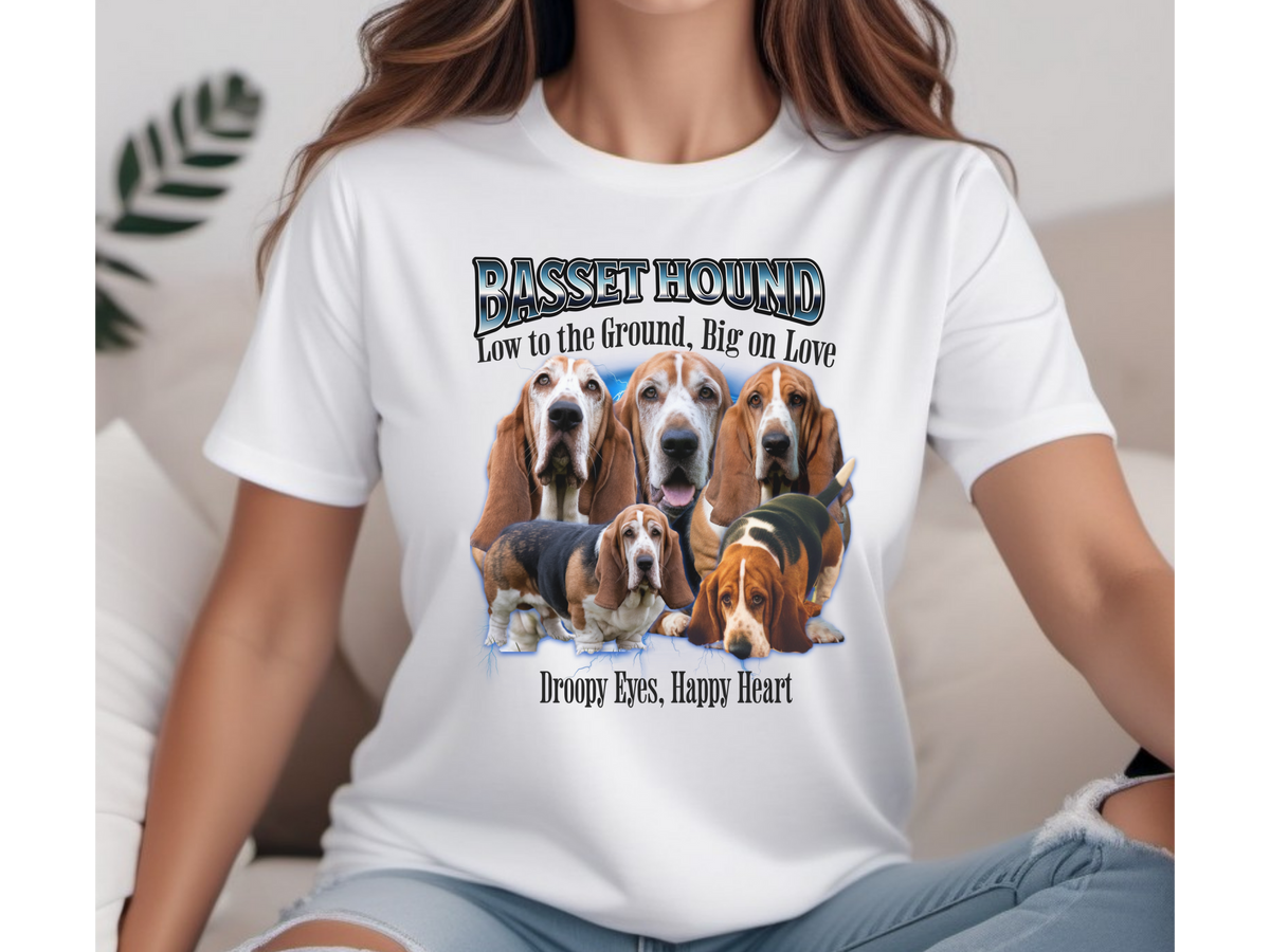 Basset Hound Dog T Shirt Unisex Bootleg Collage Graphic Tee Low to the Ground Big on Love
