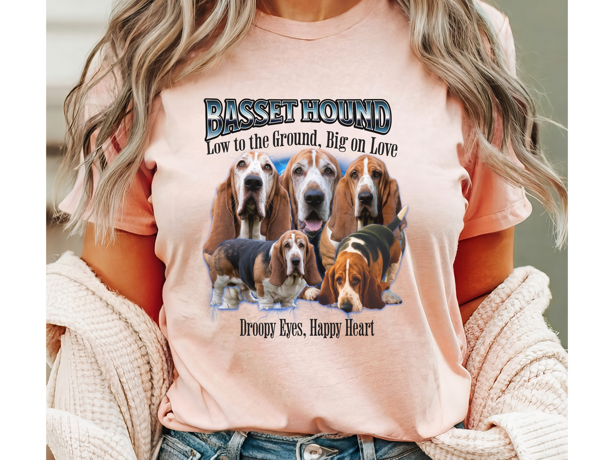 Basset Hound Dog T Shirt Unisex Bootleg Collage Graphic Tee Low to the Ground Big on Love