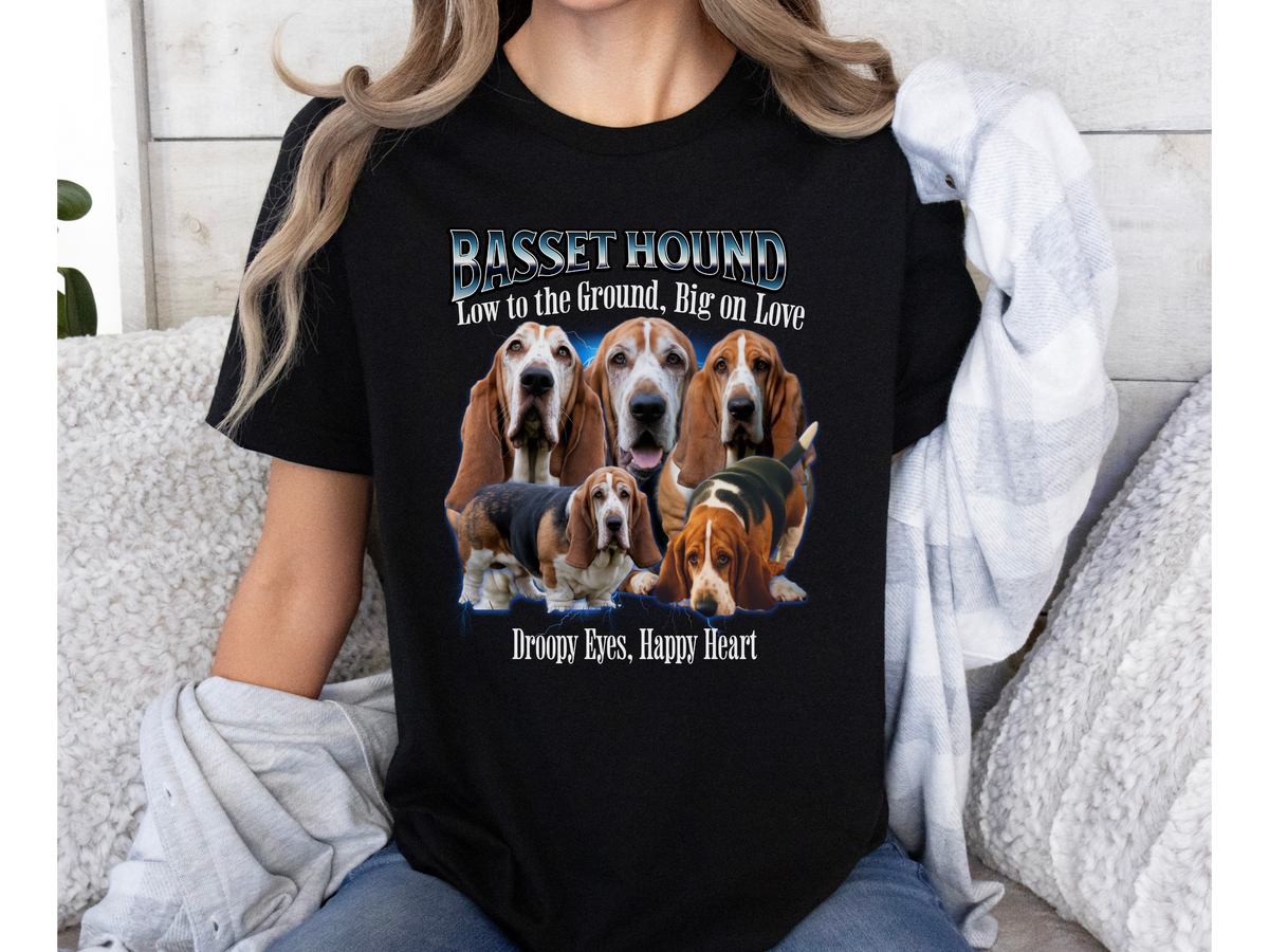 Basset Hound Dog T Shirt Unisex Bootleg Collage Graphic Tee Low to the Ground Big on Love