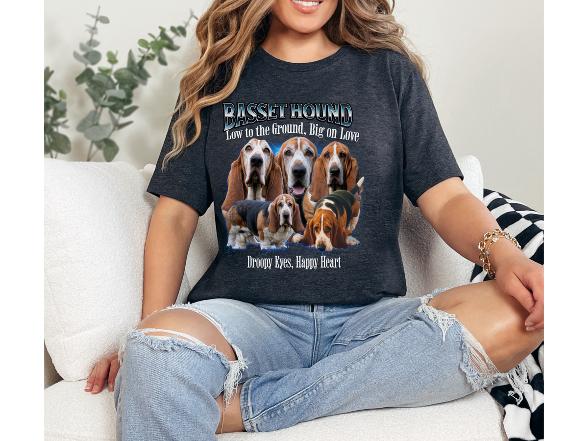 Basset Hound Dog T Shirt Unisex Bootleg Collage Graphic Tee Low to the Ground Big on Love