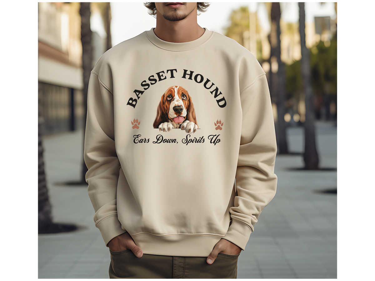 Basset Hound Sweatshirt – Ears Down, Spirits Up – Cozy Unisex Dog Lover Pullover