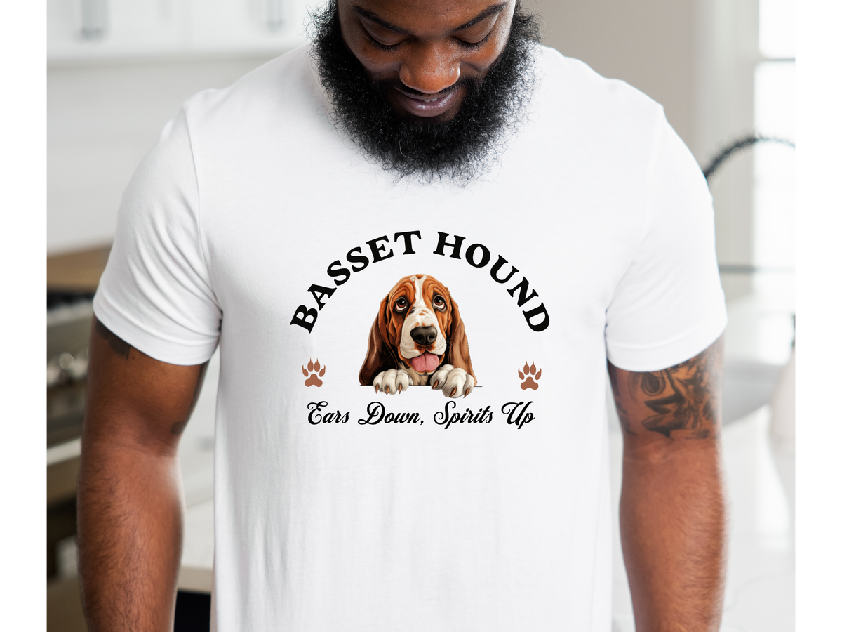 Basset Hound T-Shirt – Unisex Dog Lover Tee with “Ears Down, Spirits Up – Basset Bliss” Slogan