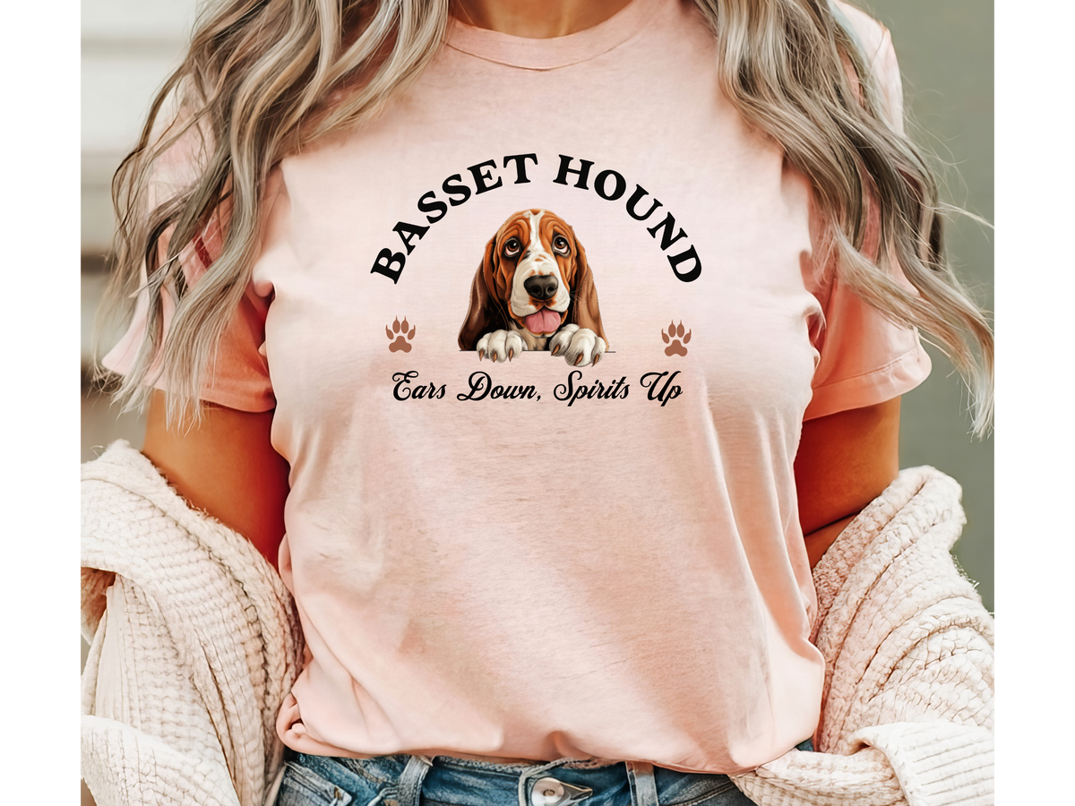 Basset Hound T-Shirt – Unisex Dog Lover Tee with “Ears Down, Spirits Up – Basset Bliss” Slogan