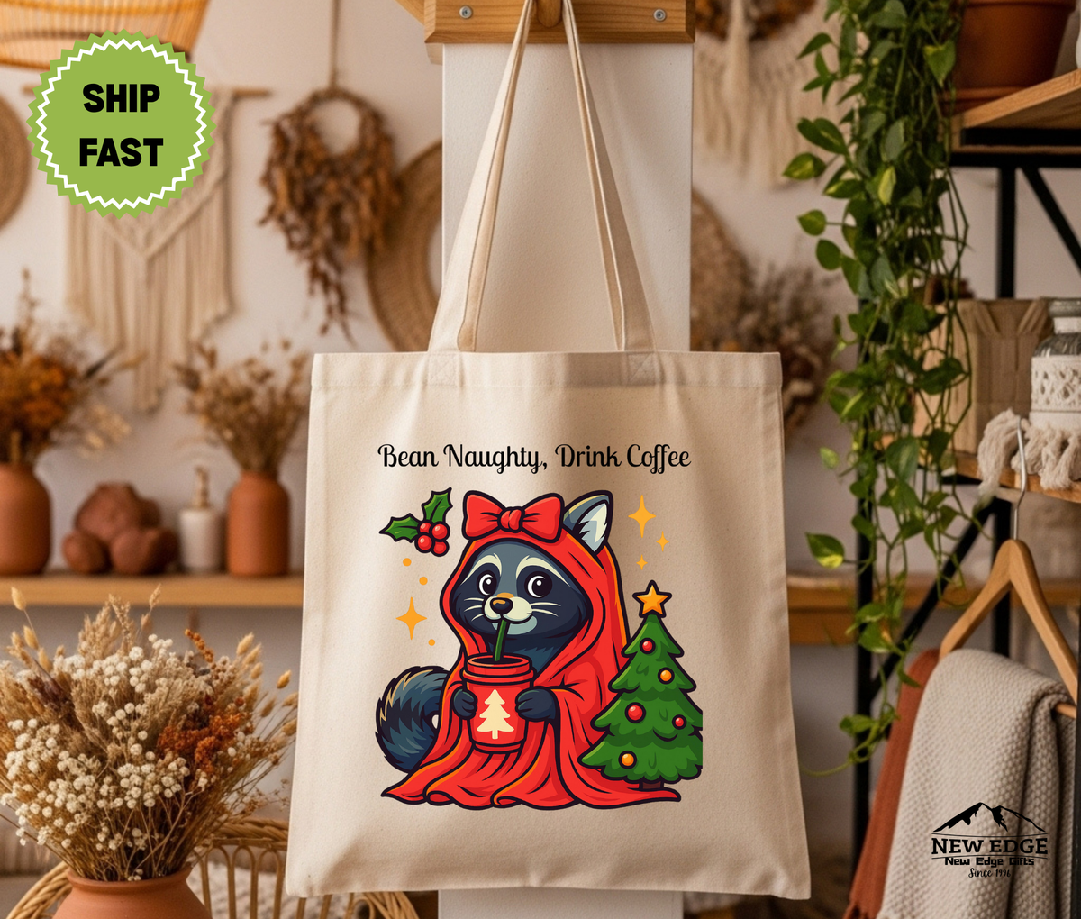 Bean Naughty Drink Coffee Christmas Tote Bag – Funny Raccoon Cotton Canvas Bag, Holiday Coffee Lover Gift, Cute Animal Xmas Shopper Bag