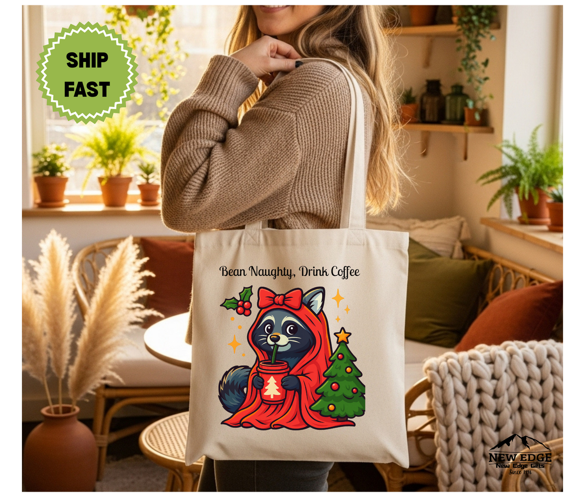 Bean Naughty Drink Coffee Christmas Tote Bag – Funny Raccoon Cotton Canvas Bag, Holiday Coffee Lover Gift, Cute Animal Xmas Shopper Bag