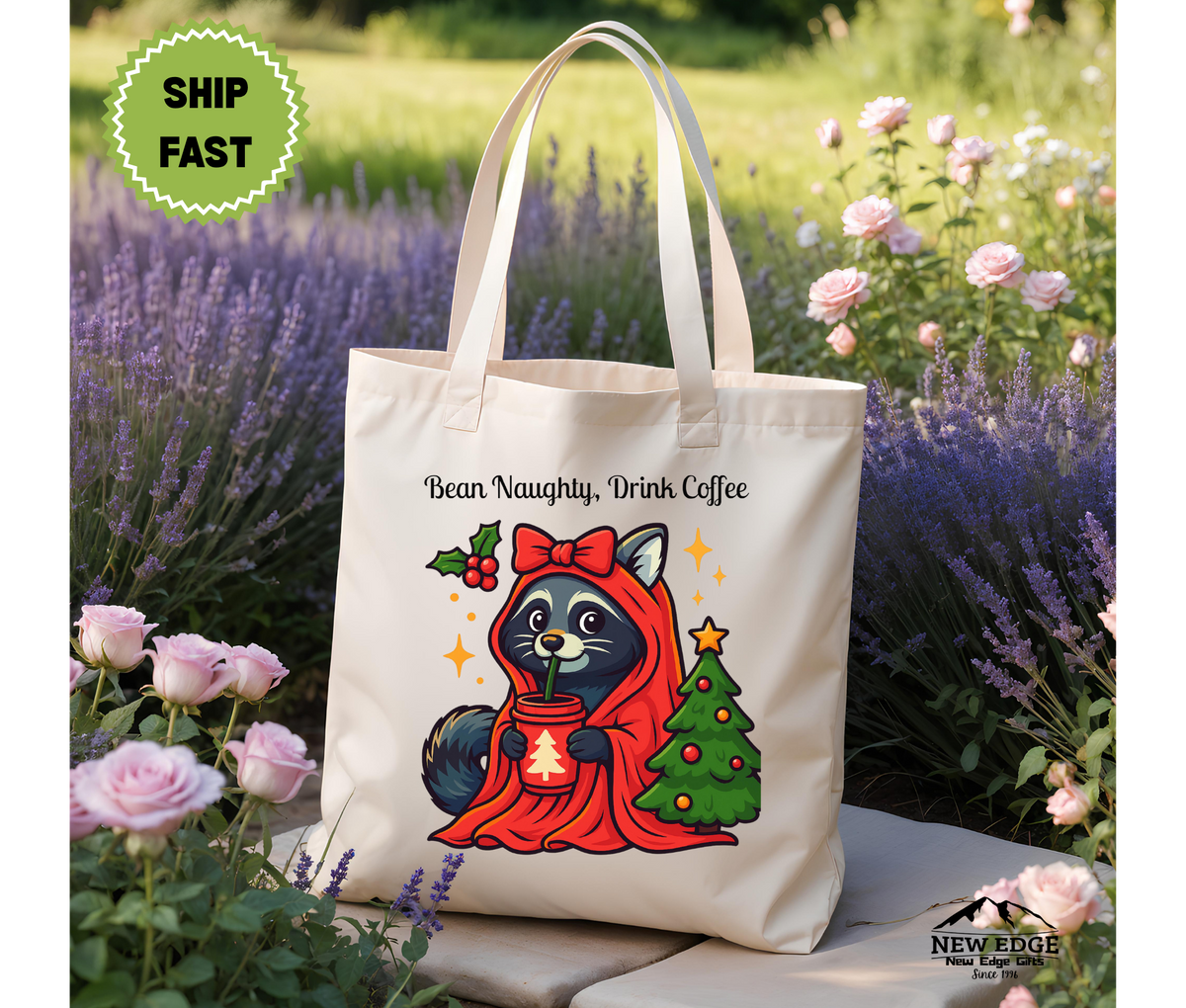 Bean Naughty Drink Coffee Christmas Tote Bag – Funny Raccoon Cotton Canvas Bag, Holiday Coffee Lover Gift, Cute Animal Xmas Shopper Bag