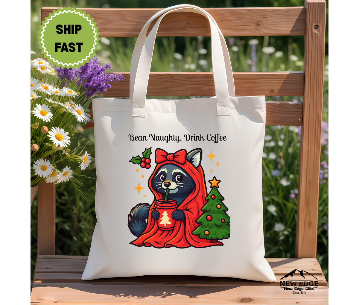 Bean Naughty Drink Coffee Christmas Tote Bag – Funny Raccoon Cotton Canvas Bag, Holiday Coffee Lover Gift, Cute Animal Xmas Shopper Bag