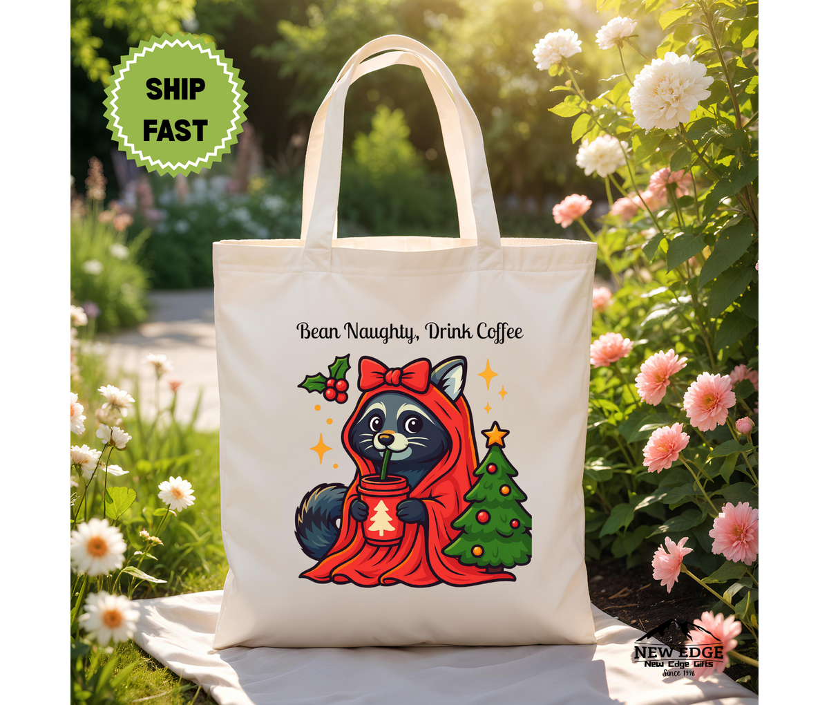 Bean Naughty Drink Coffee Christmas Tote Bag – Funny Raccoon Cotton Canvas Bag, Holiday Coffee Lover Gift, Cute Animal Xmas Shopper Bag