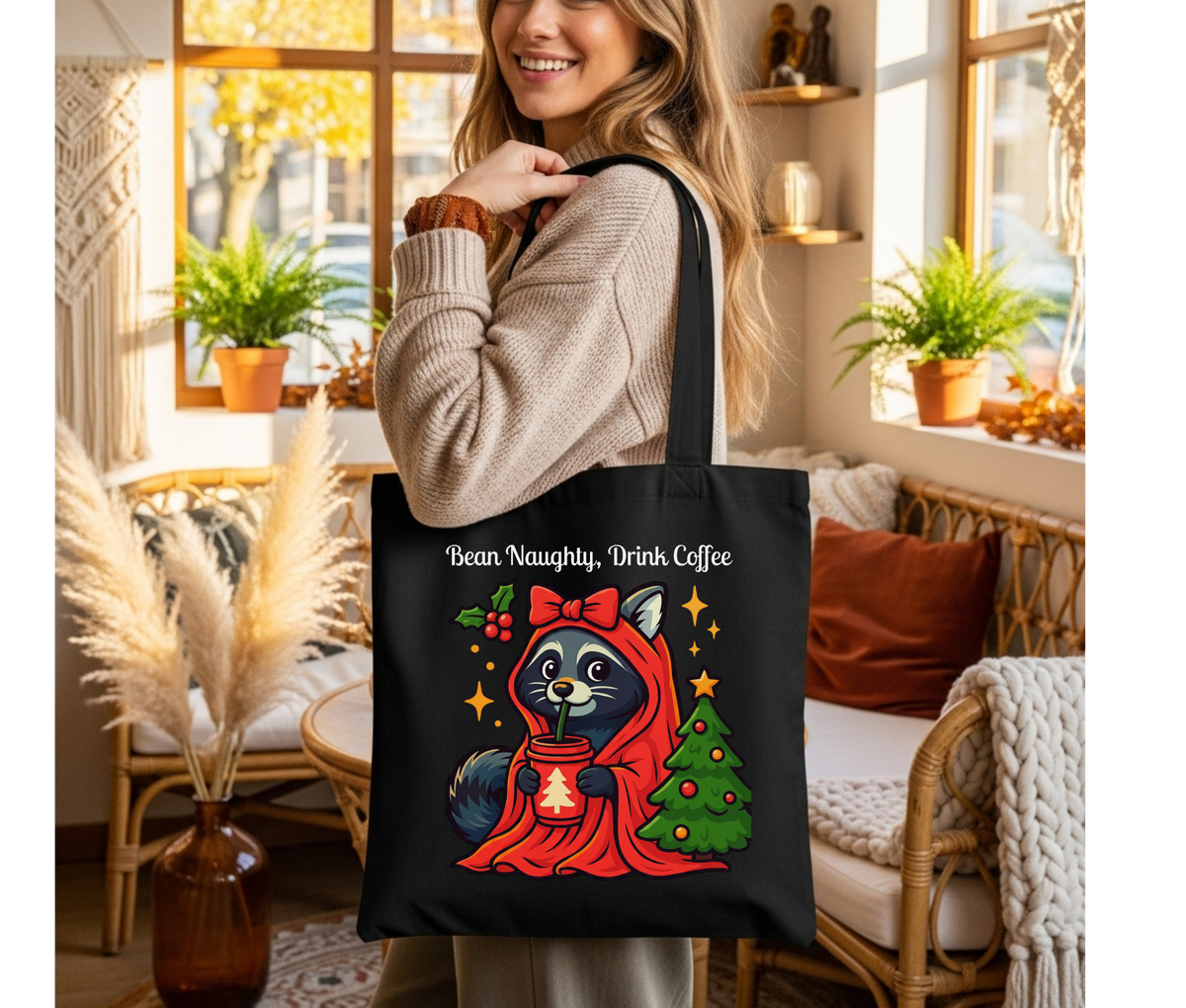 Bean Naughty Drink Coffee Christmas Tote Bag – Funny Raccoon Cotton Canvas Bag, Holiday Coffee Lover Gift, Cute Animal Xmas Shopper Bag