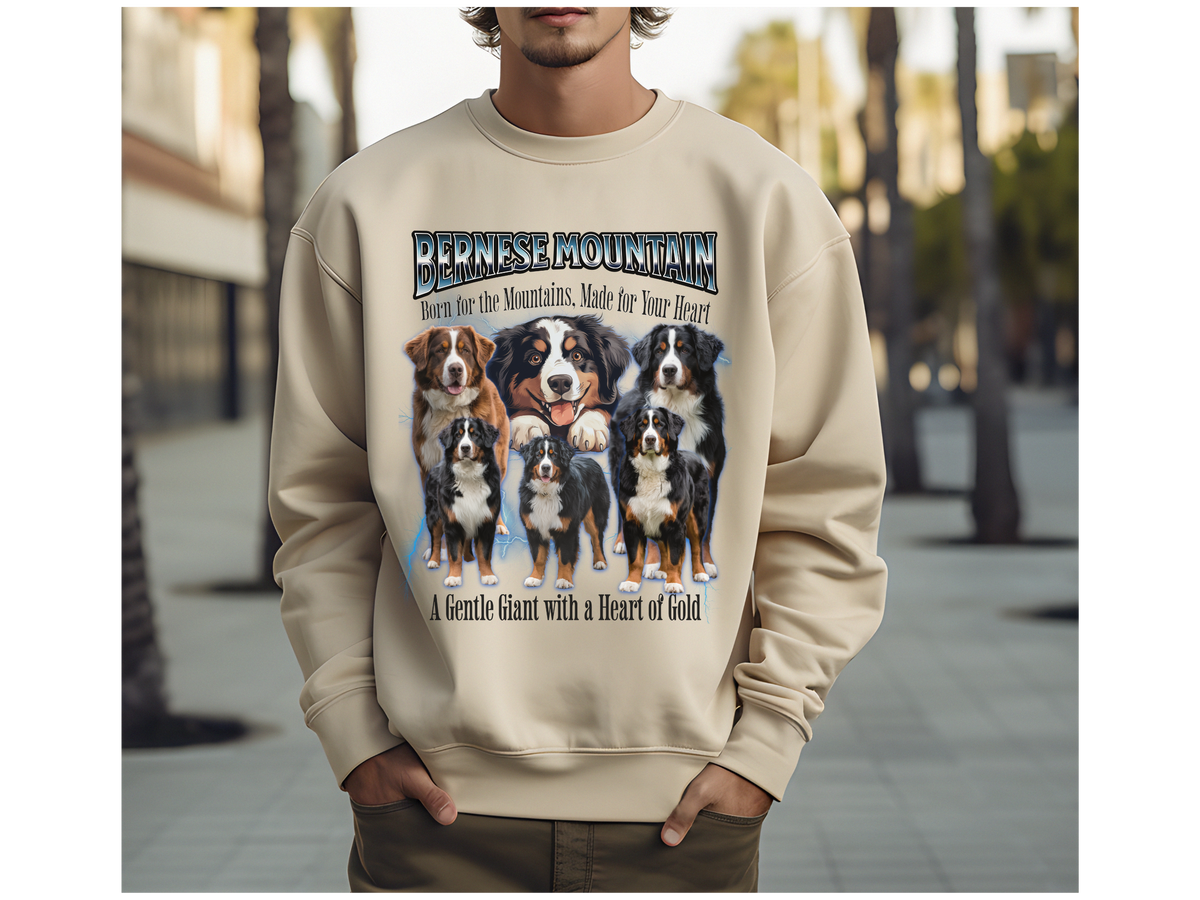 Bernese Mountain Dog Bootleg Collage Sweatshirt – Born for the Mountains, Made for Your Heart | Unisex Dog Lover Pullover
