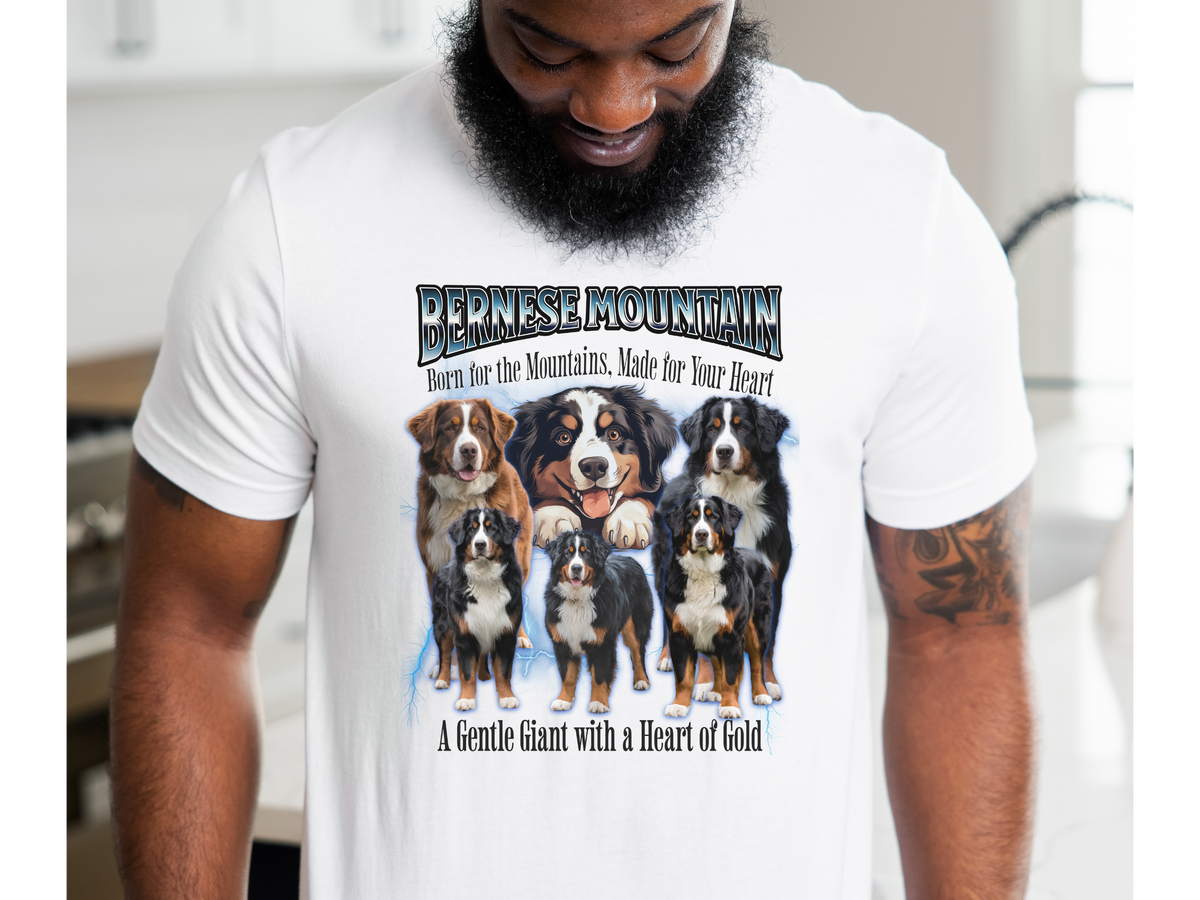 Bernese Mountain Dog Bootleg Collage T-Shirt – Born for the Mountains, Made for Your Heart Unisex Tee
