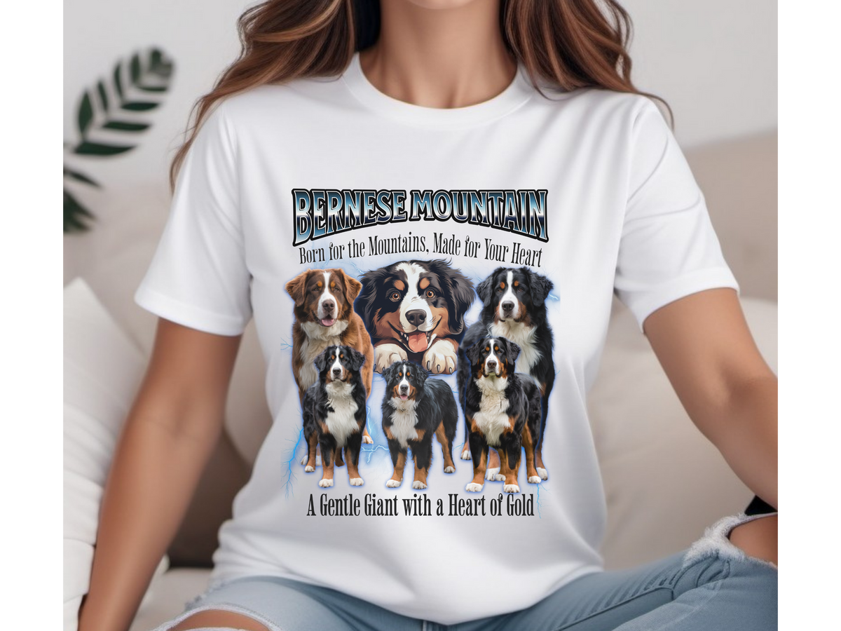 Bernese Mountain Dog Bootleg Collage T-Shirt – Born for the Mountains, Made for Your Heart Unisex Tee