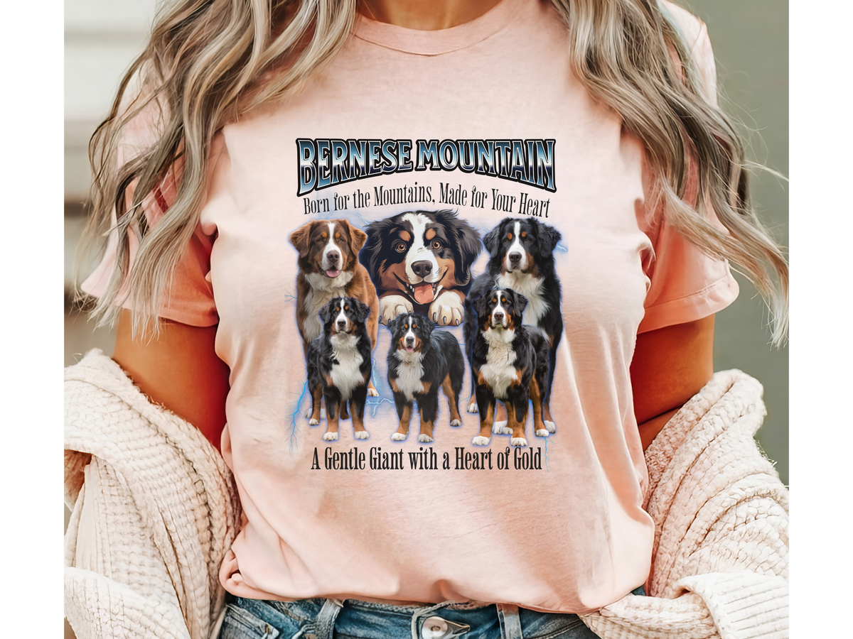 Bernese Mountain Dog Bootleg Collage T-Shirt – Born for the Mountains, Made for Your Heart Unisex Tee