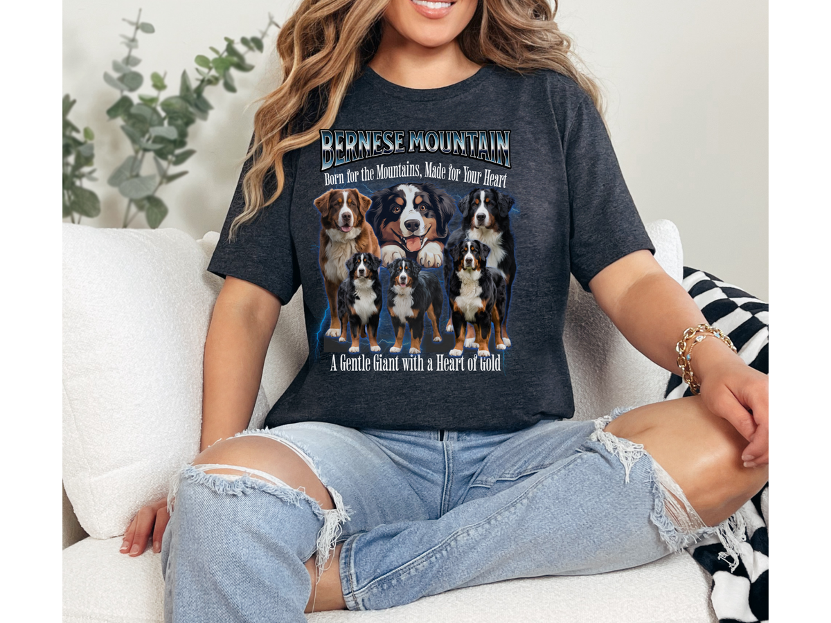 Bernese Mountain Dog Bootleg Collage T-Shirt – Born for the Mountains, Made for Your Heart Unisex Tee