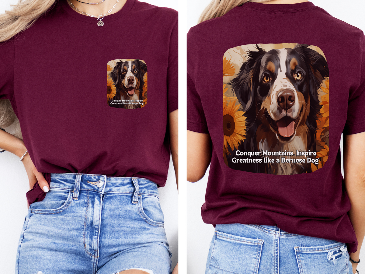 Bernese Mountain Dog Sunflower T-Shirt – 'Conquer Mountains, Inspire Greatness' – Front & Back Design – Majestic Dog Lover Tee