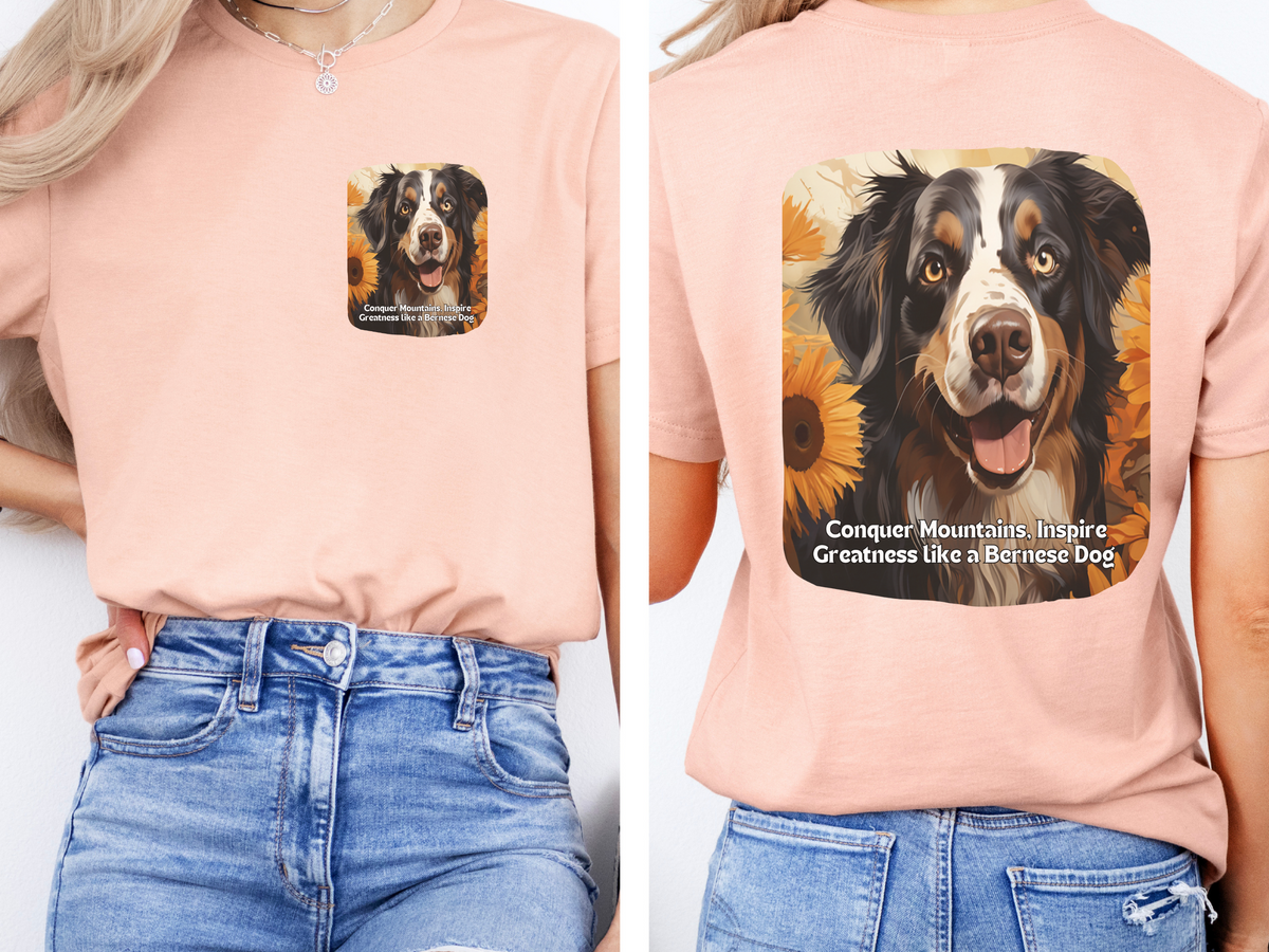 Bernese Mountain Dog Sunflower T-Shirt – 'Conquer Mountains, Inspire Greatness' – Front & Back Design – Majestic Dog Lover Tee