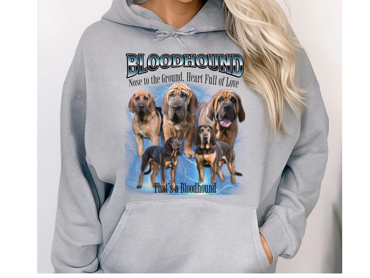 Bloodhound Bootleg Collage Hoodie – Nose to the Ground, Heart Full of Love | Unisex Dog Lover Pullover