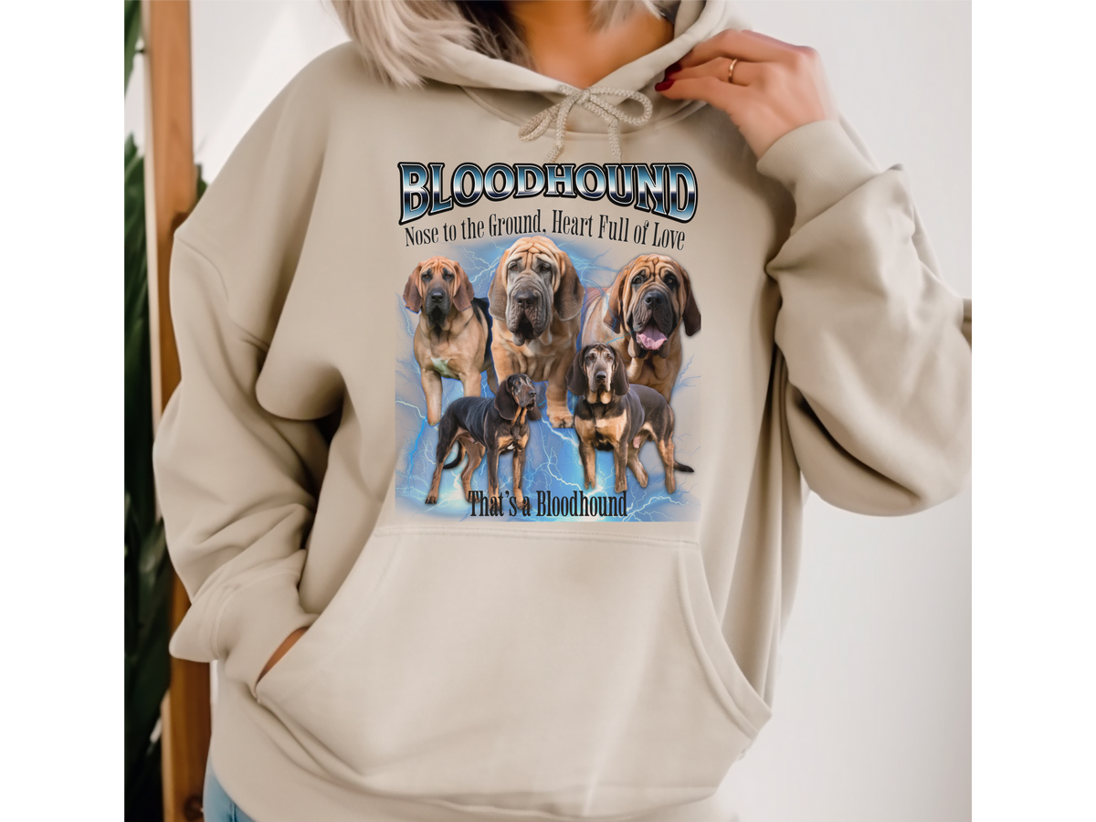 Bloodhound Bootleg Collage Hoodie – Nose to the Ground, Heart Full of Love | Unisex Dog Lover Pullover