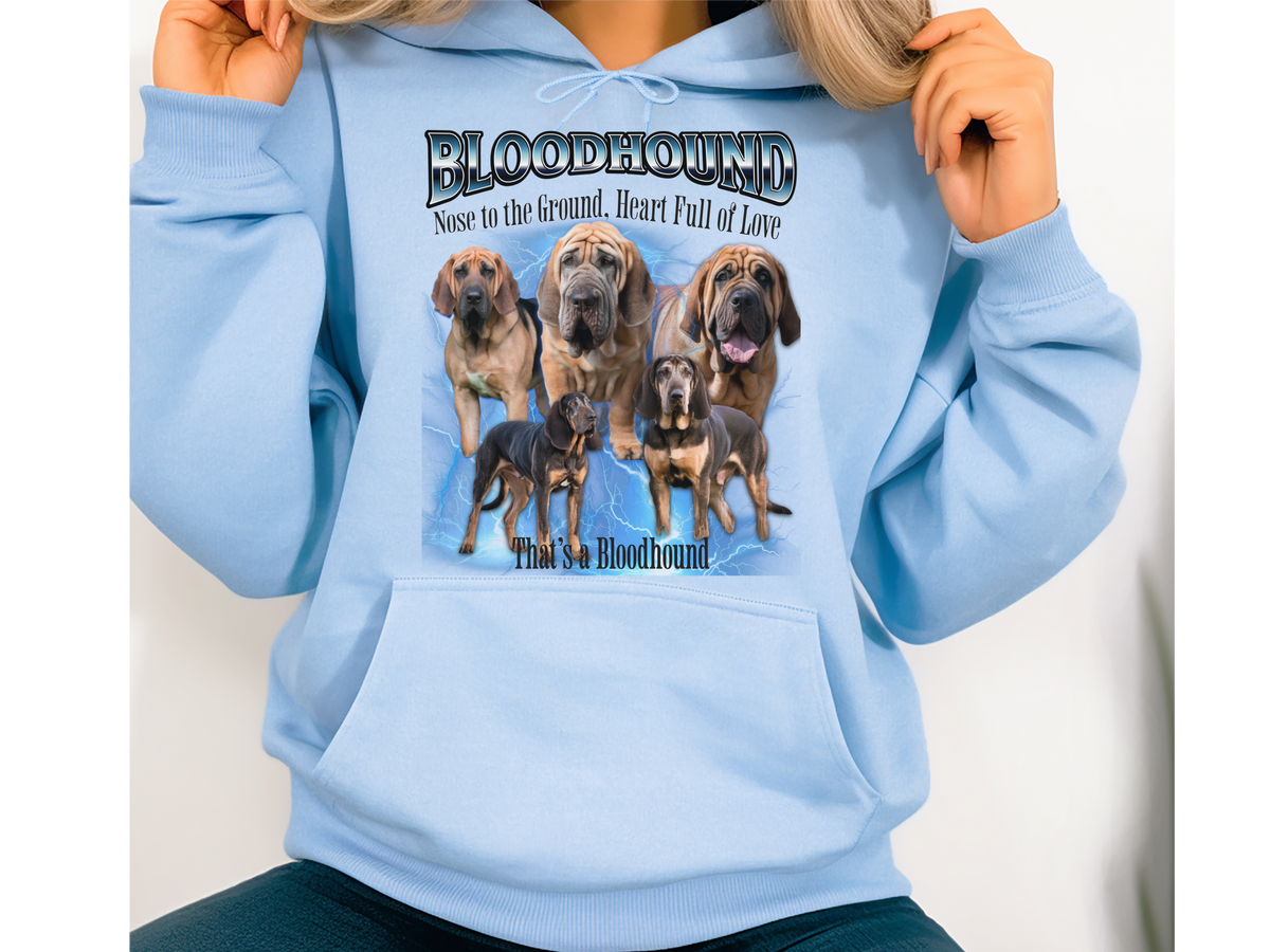 Bloodhound Bootleg Collage Hoodie – Nose to the Ground, Heart Full of Love | Unisex Dog Lover Pullover