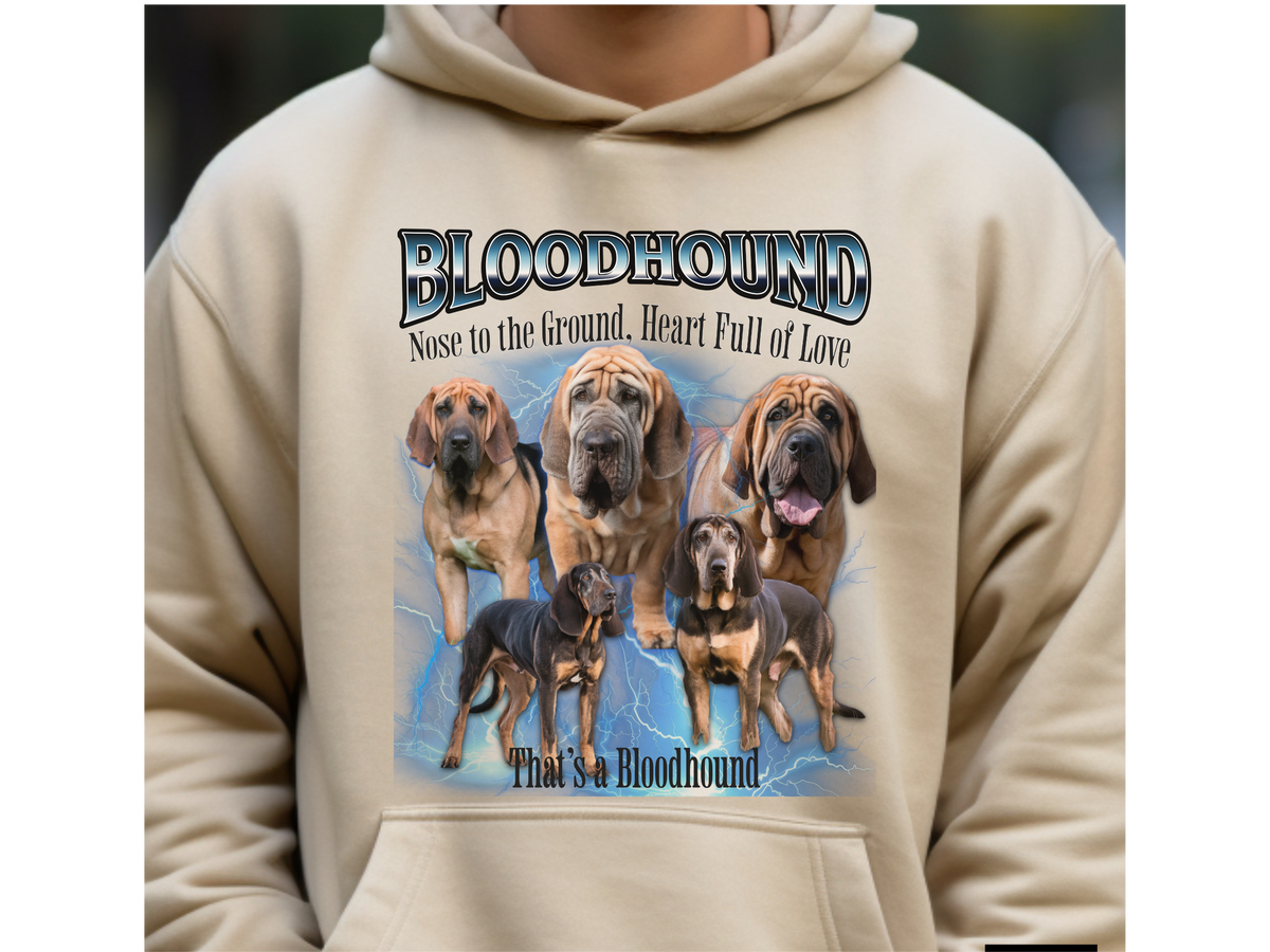 Bloodhound Bootleg Collage Hoodie – Nose to the Ground, Heart Full of Love | Unisex Dog Lover Pullover