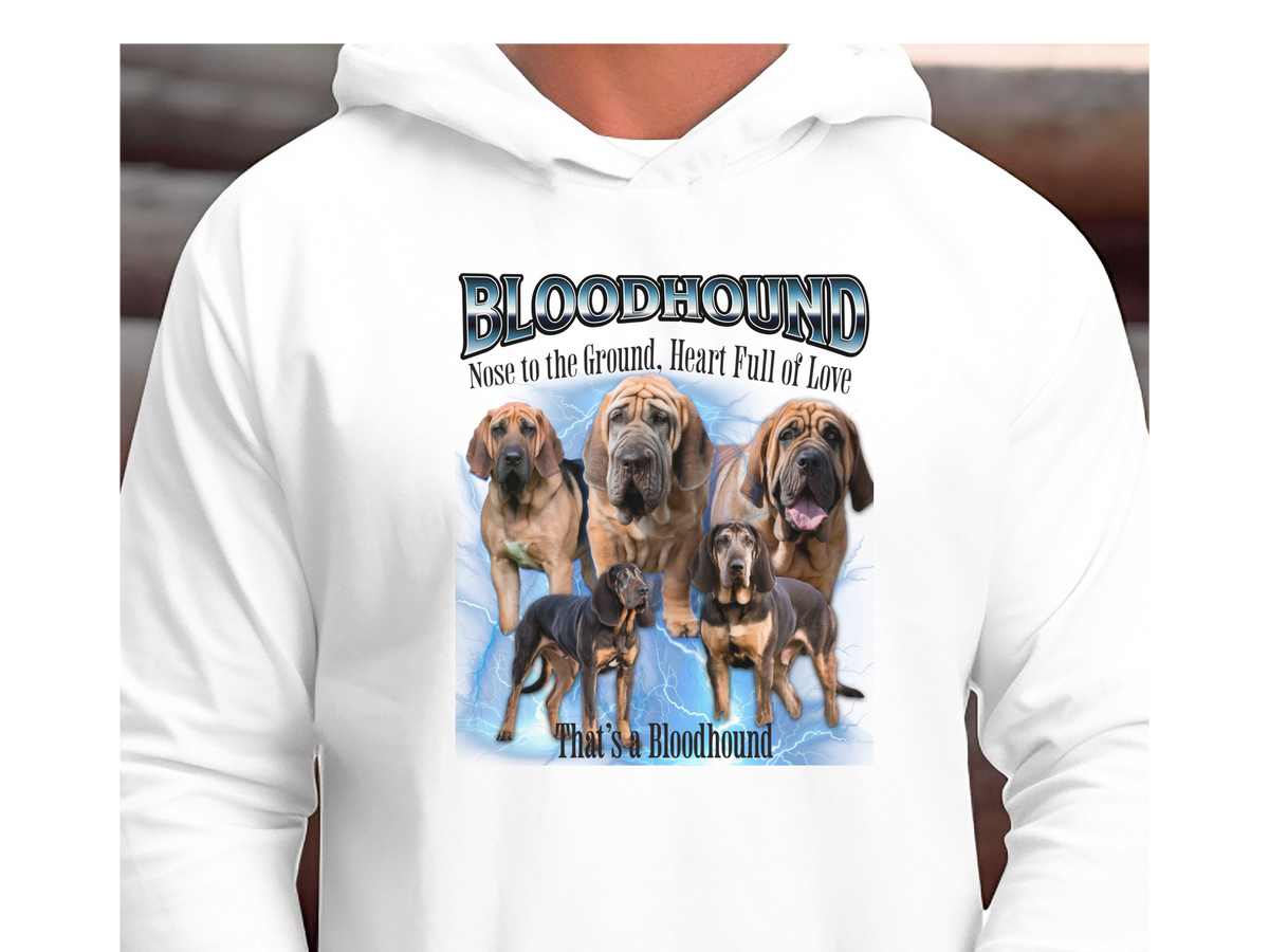 Bloodhound Bootleg Collage Hoodie – Nose to the Ground, Heart Full of Love | Unisex Dog Lover Pullover