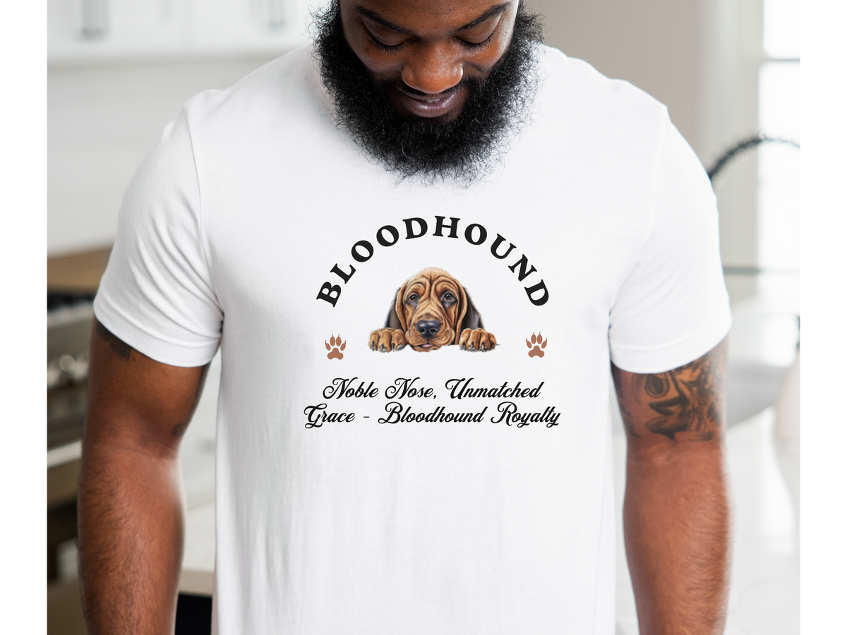 Bloodhound Royalty T-Shirt – Unisex Dog Lover Tee with “Noble Nose, Unmatched Grace” Slogan | Majestic Hound Gift