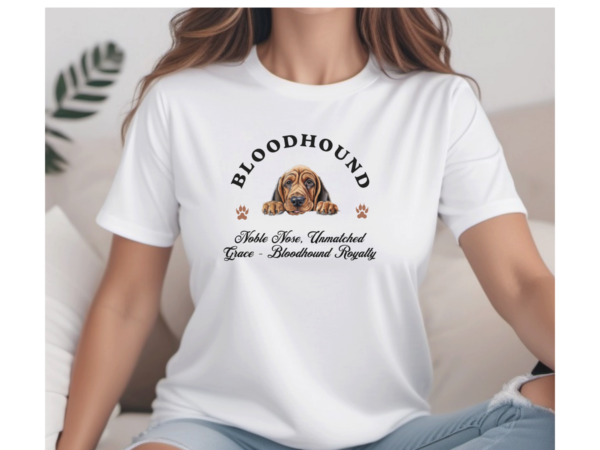 Bloodhound Royalty T-Shirt – Unisex Dog Lover Tee with “Noble Nose, Unmatched Grace” Slogan | Majestic Hound Gift