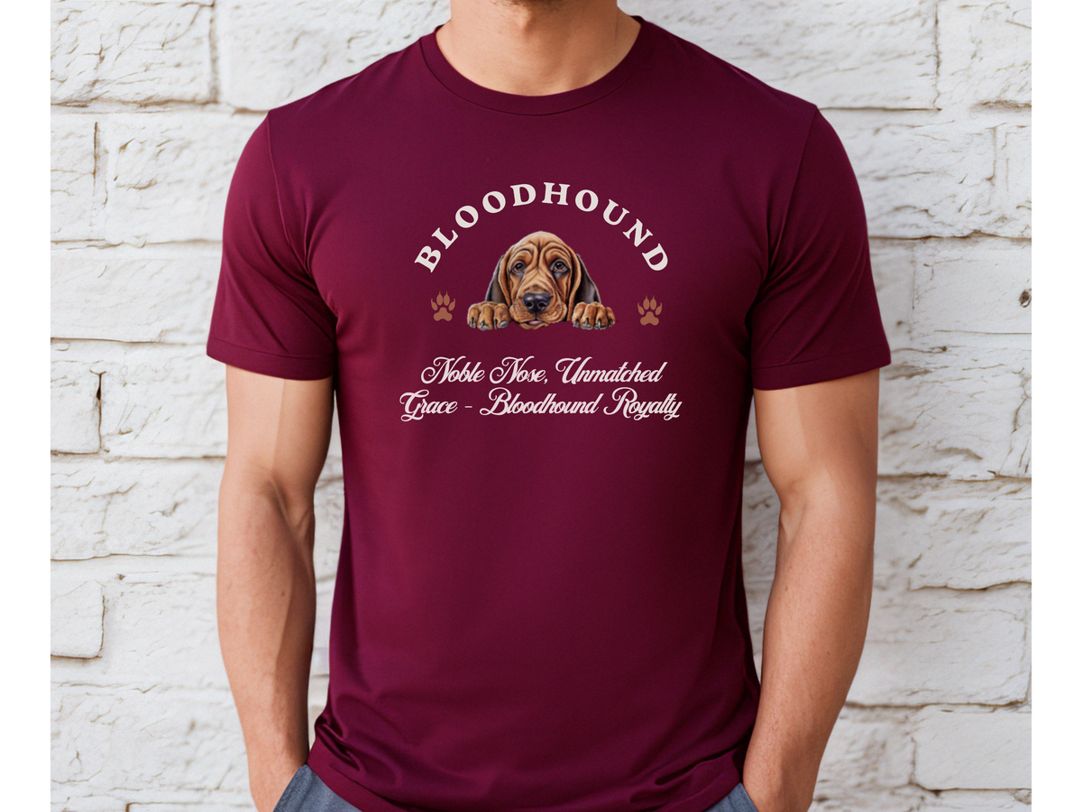 Bloodhound Royalty T-Shirt – Unisex Dog Lover Tee with “Noble Nose, Unmatched Grace” Slogan | Majestic Hound Gift