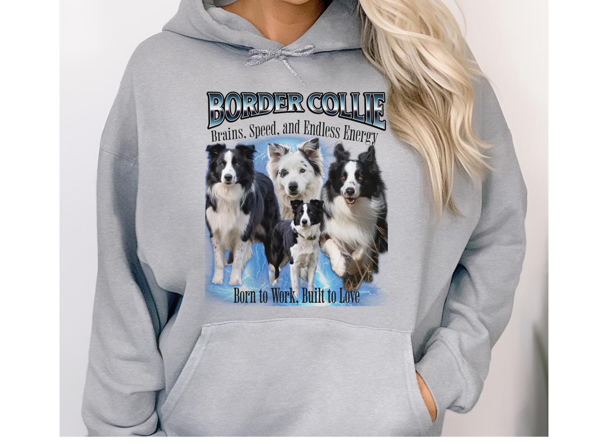 Border Collie Bootleg Collage Hoodie – Brains, Speed, and Endless Energy | Unisex Dog Lover Pullover
