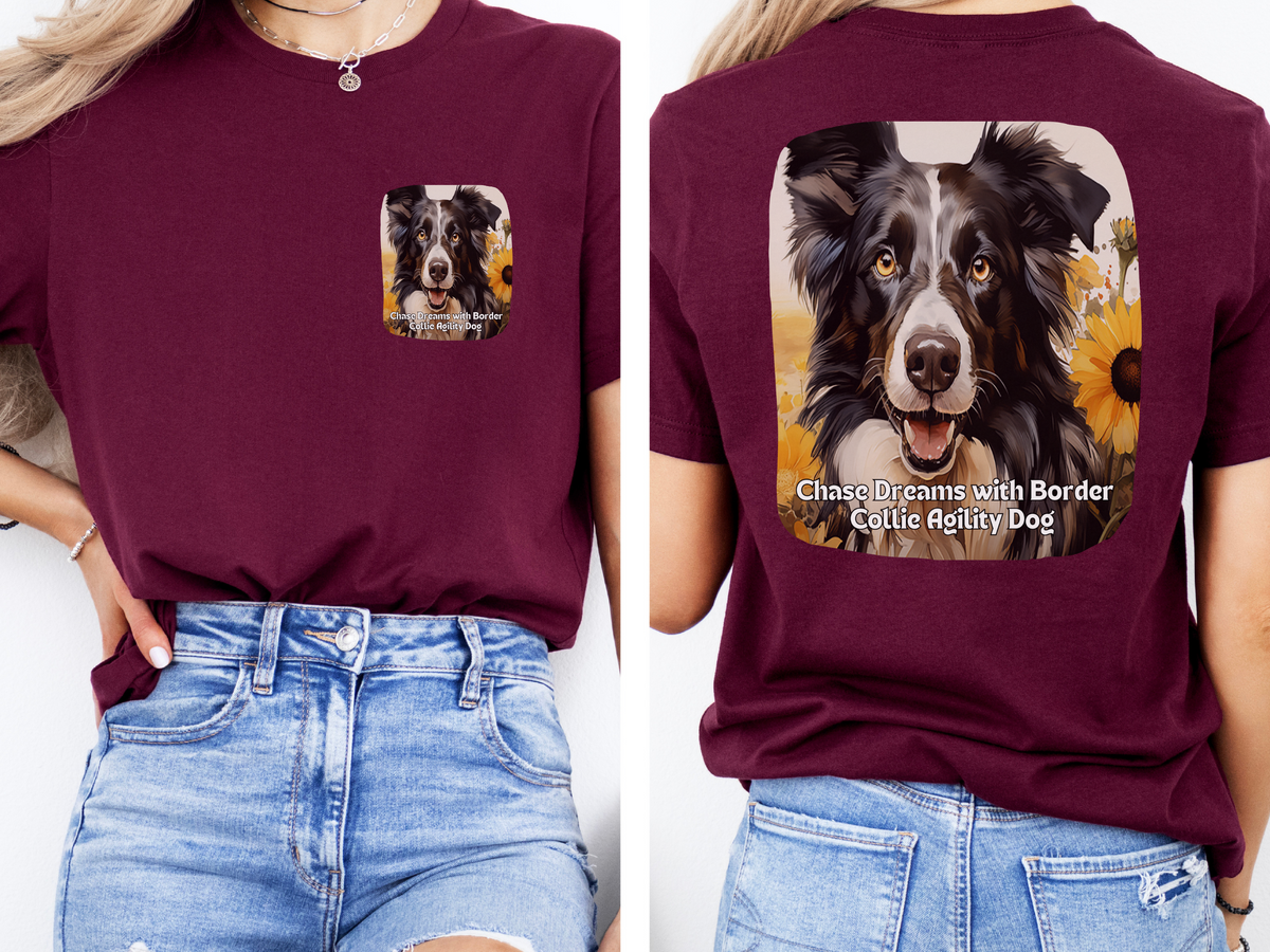 Border Collie Sunflower T-Shirt – 'Chase Dreams with Border Collie Agility' Front & Back Design – Energetic Dog Lover Tee