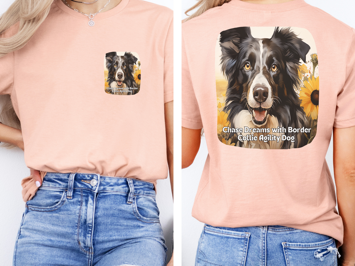 Border Collie Sunflower T-Shirt – 'Chase Dreams with Border Collie Agility' Front & Back Design – Energetic Dog Lover Tee