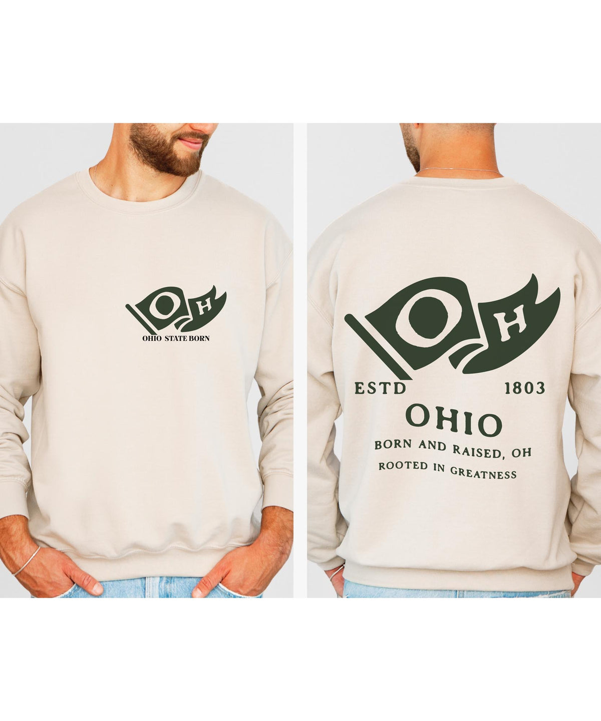 Ohio Born & Raised Sweatshirt – Buckeye State Pride, Front & Back Design