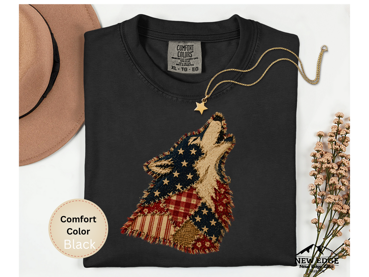 Born to Be Wild American Flag Wolf Comfort Colors T Shirt Faux Patchwork Patriotic Wolf Graphic Tee USA Pride Shirt