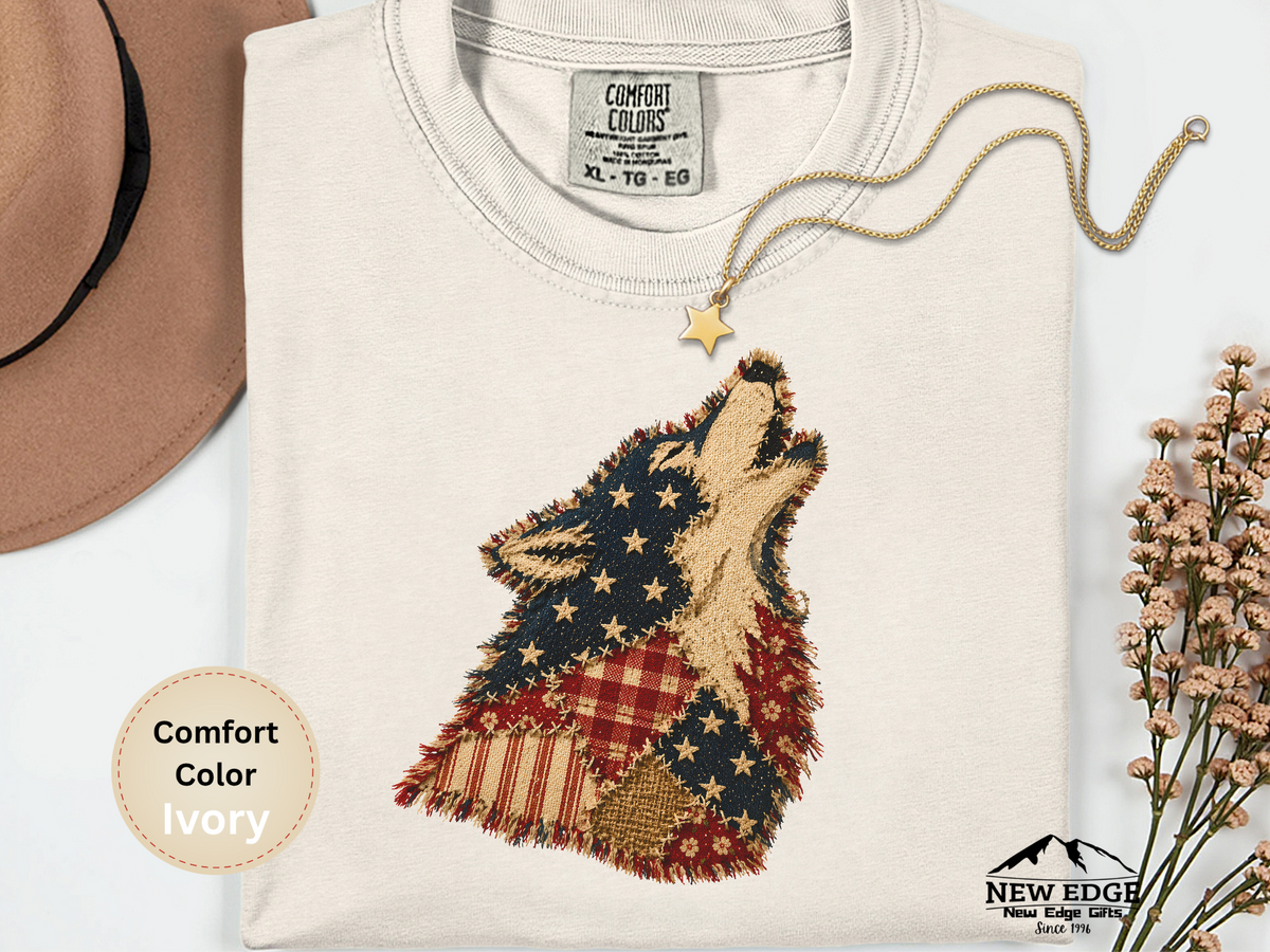 Born to Be Wild American Flag Wolf Comfort Colors T Shirt Faux Patchwork Patriotic Wolf Graphic Tee USA Pride Shirt