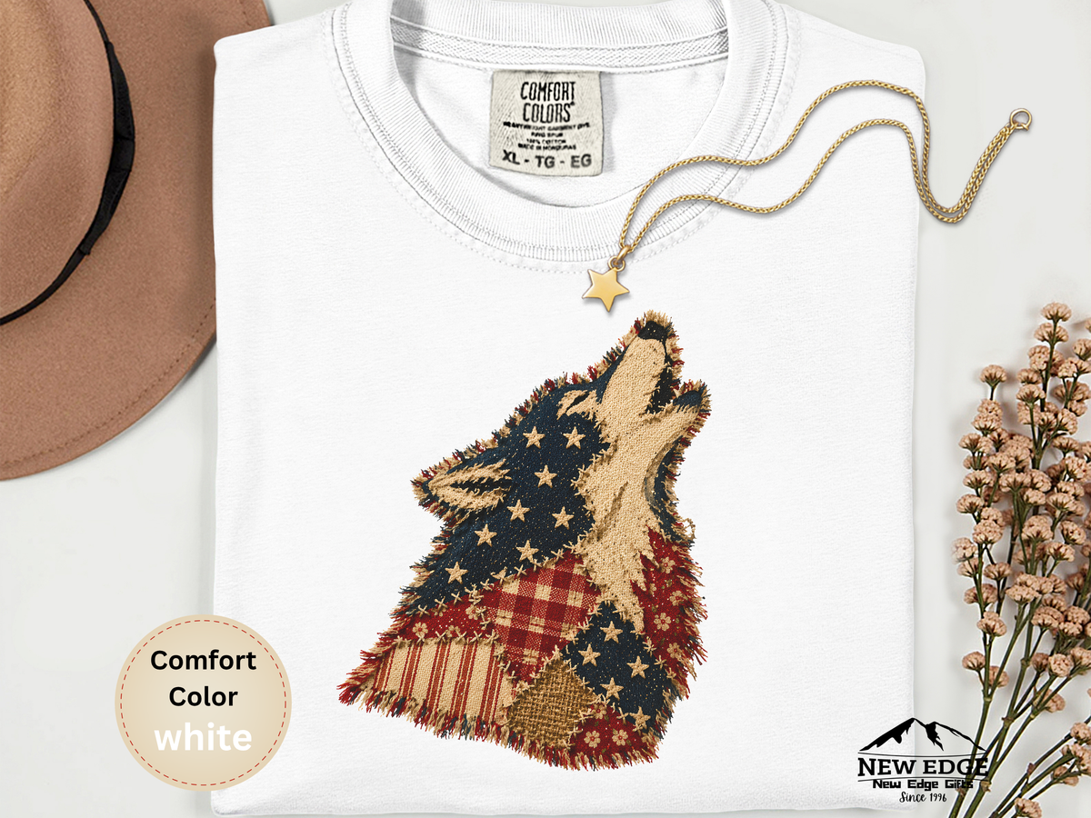 Born to Be Wild American Flag Wolf Comfort Colors T Shirt Faux Patchwork Patriotic Wolf Graphic Tee USA Pride Shirt
