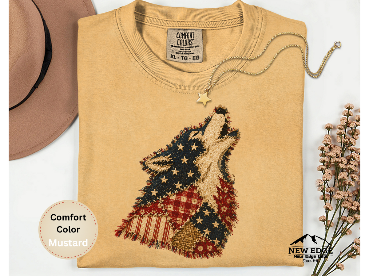 Born to Be Wild American Flag Wolf Comfort Colors T Shirt Faux Patchwork Patriotic Wolf Graphic Tee USA Pride Shirt