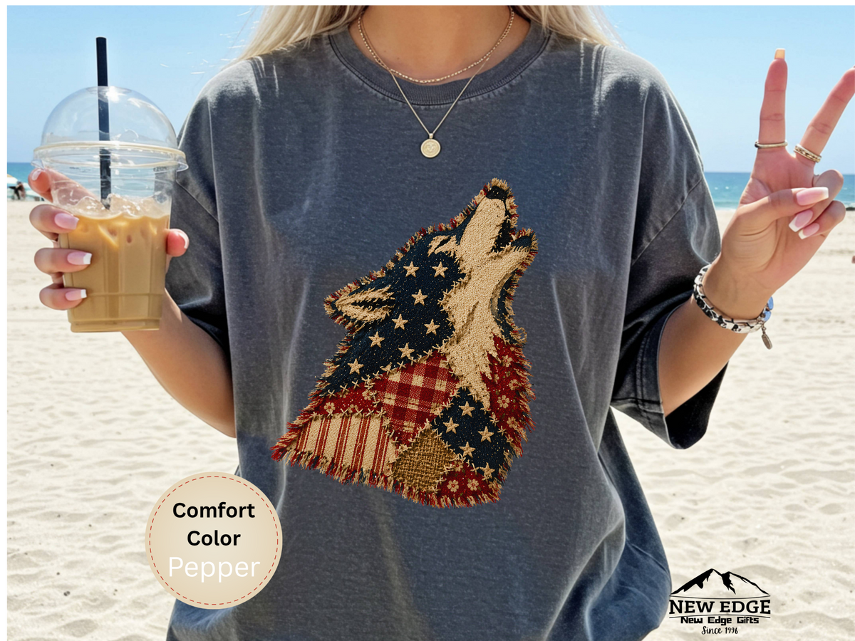 Born to Be Wild American Flag Wolf Comfort Colors T Shirt Faux Patchwork Patriotic Wolf Graphic Tee USA Pride Shirt