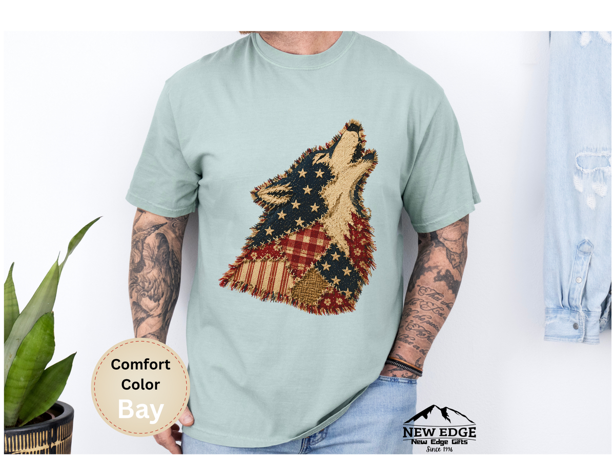 Born to Be Wild American Flag Wolf Comfort Colors T Shirt Faux Patchwork Patriotic Wolf Graphic Tee USA Pride Shirt