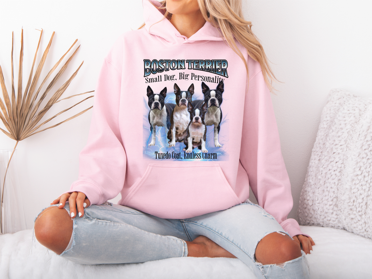 Boston Terrier Bootleg Collage Hoodie – Small Dog, Big Personality | Unisex Dog Lover Pullover