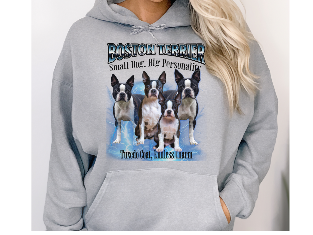 Boston Terrier Bootleg Collage Hoodie – Small Dog, Big Personality | Unisex Dog Lover Pullover