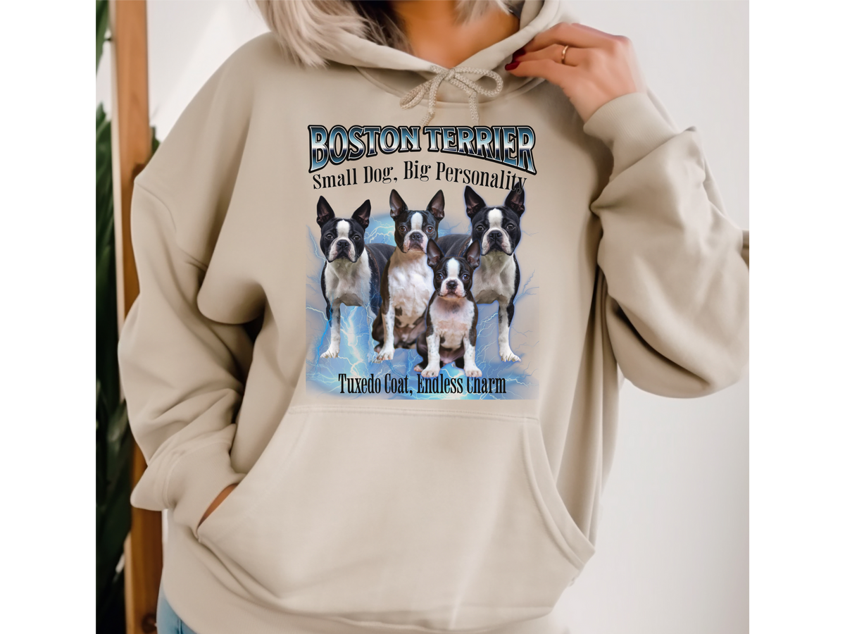 Boston Terrier Bootleg Collage Hoodie – Small Dog, Big Personality | Unisex Dog Lover Pullover