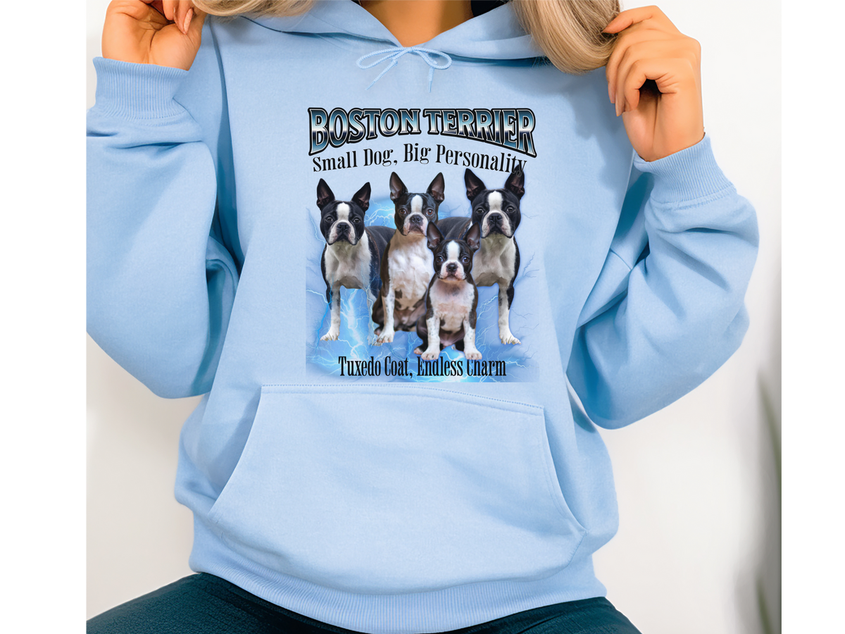 Boston Terrier Bootleg Collage Hoodie – Small Dog, Big Personality | Unisex Dog Lover Pullover